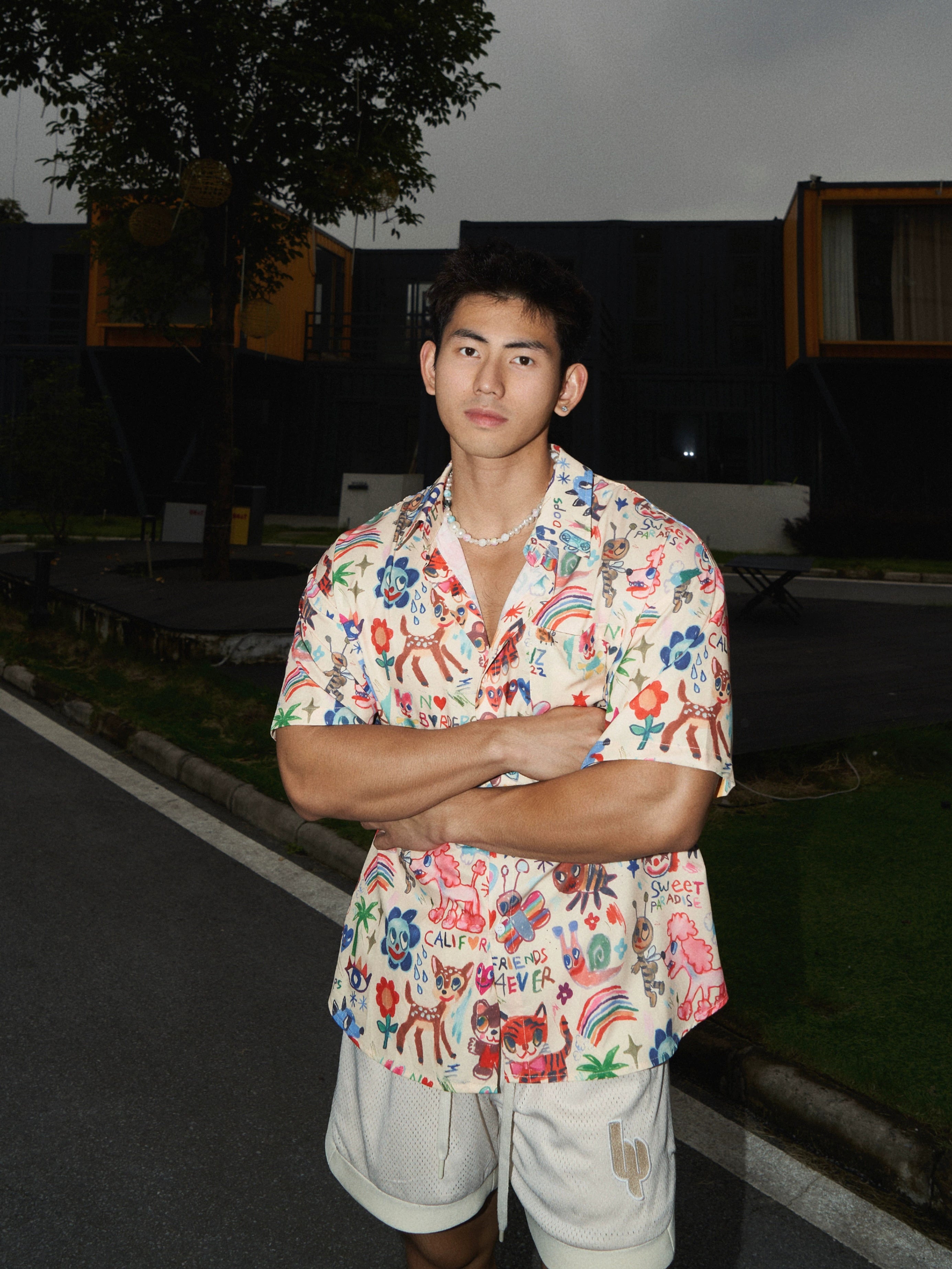 Cartoon Print Short-Sleeve Button-Up Shirt