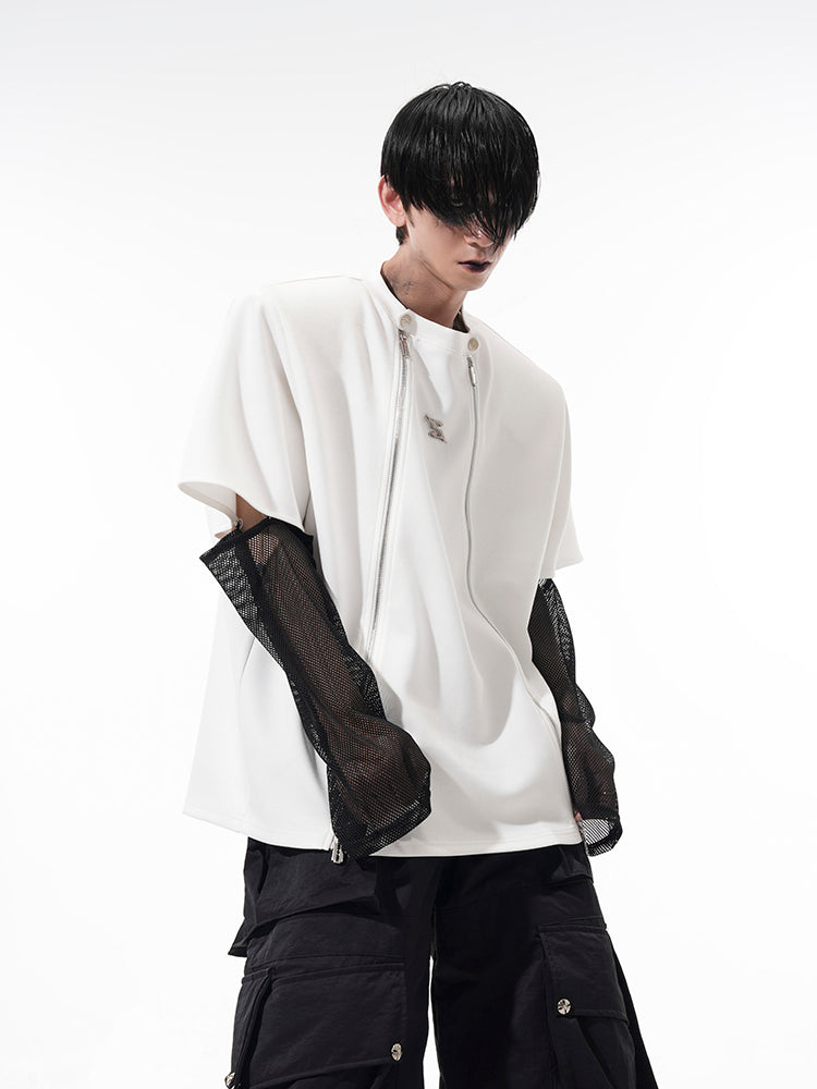 Dual Front Zippers and Mesh Sleeves T-Shirt