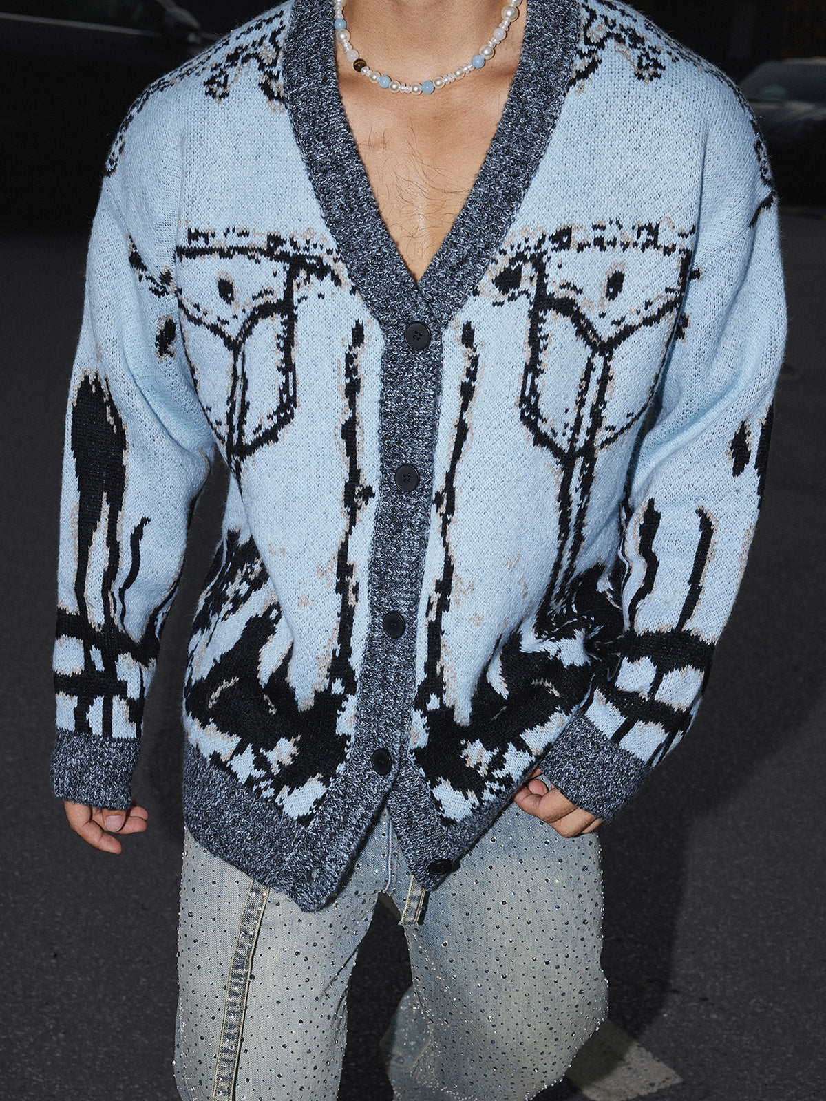 Blue Abstract Pattern Knit Cardigan