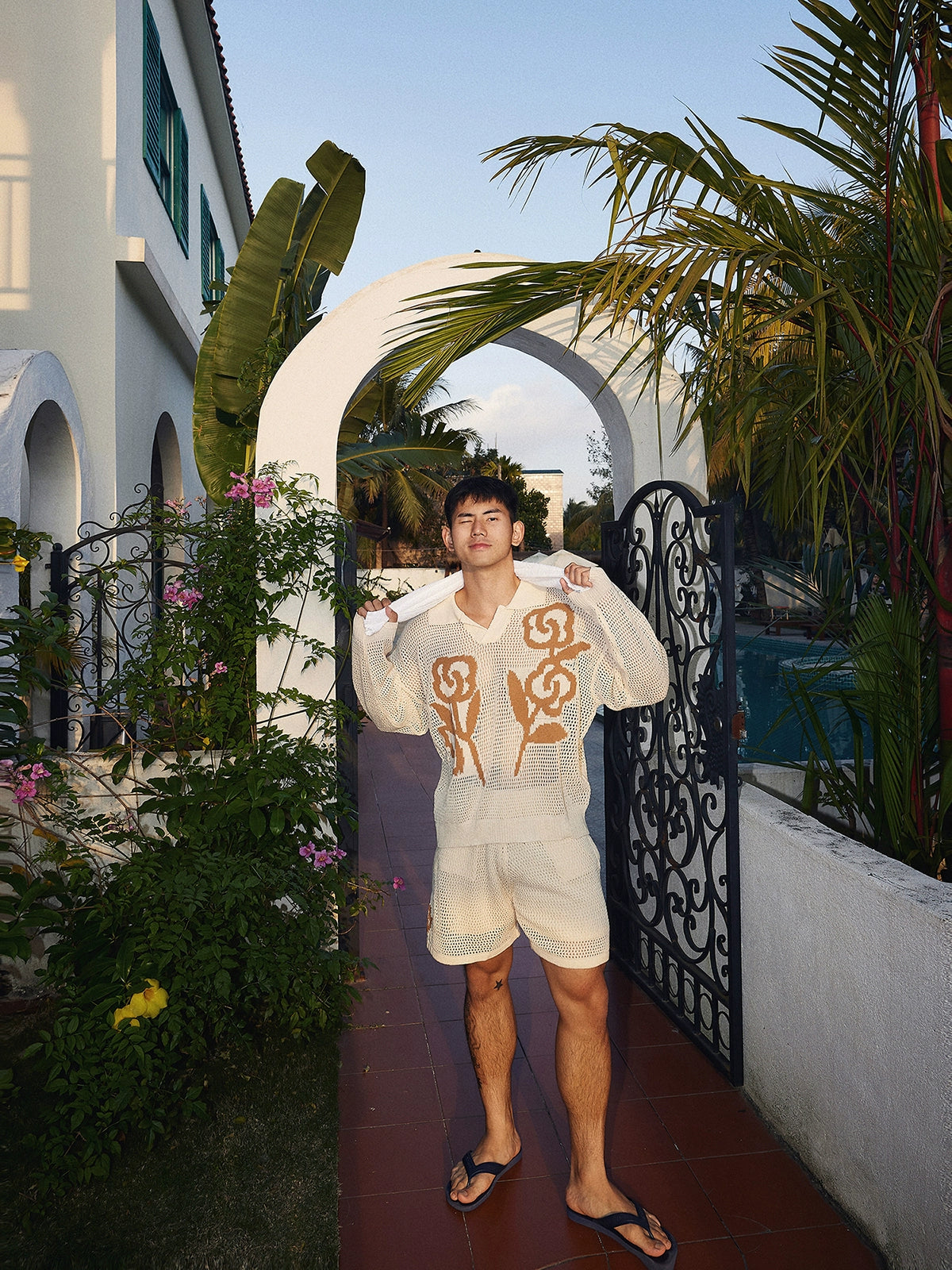 Cream Mesh Print Sweater and Shorts Set