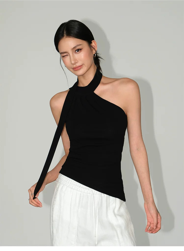 Ribbon Drape Asymmetric Halter Top