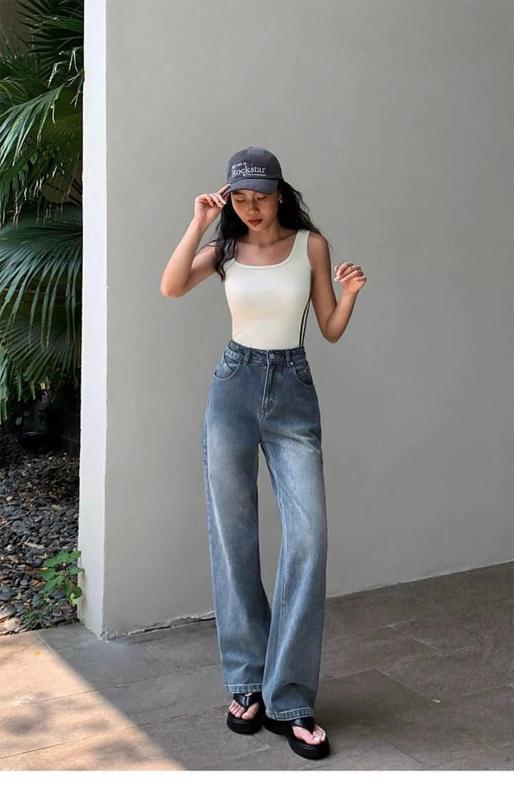 Summer Collection - Blue High-Waist Loose Wide-Leg Denim Jeans - chiclara