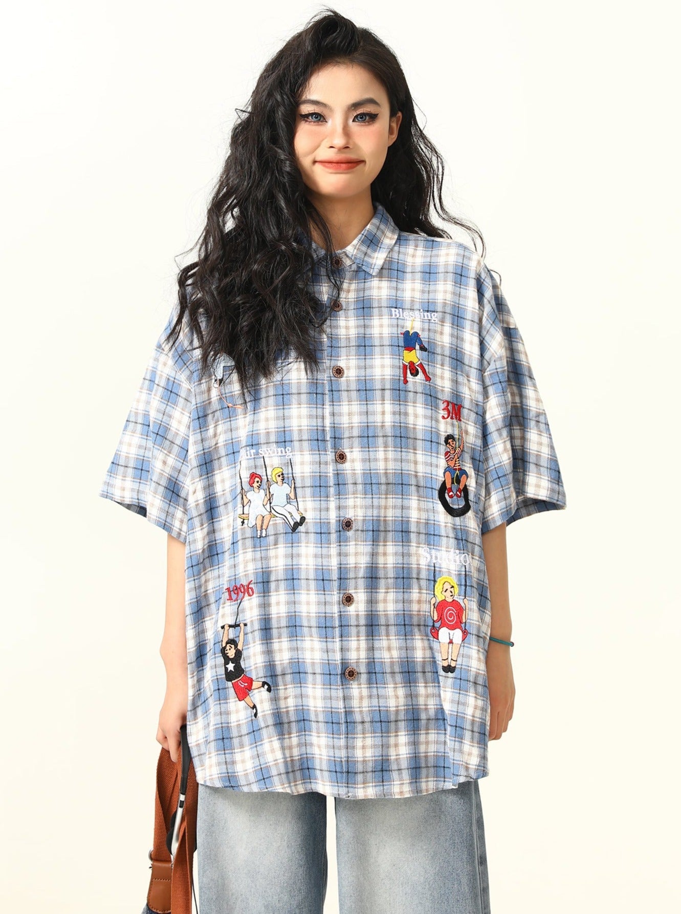 Camisa de botones a cuadros de dibujos a cuadros juguetones