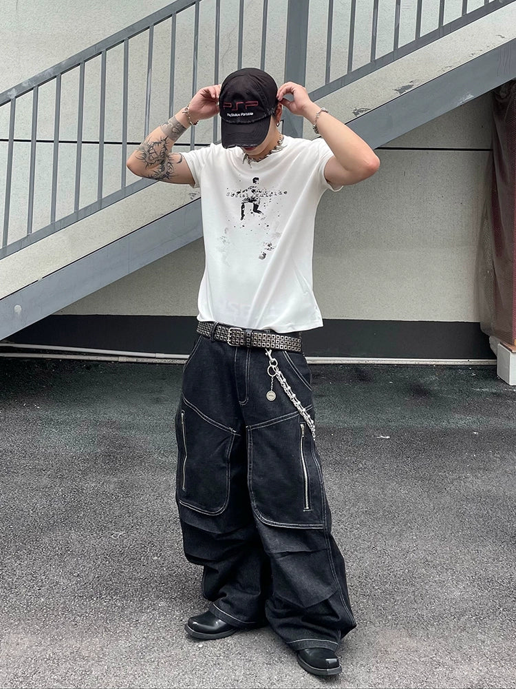 Black Utility Zipper Cargo Jeans