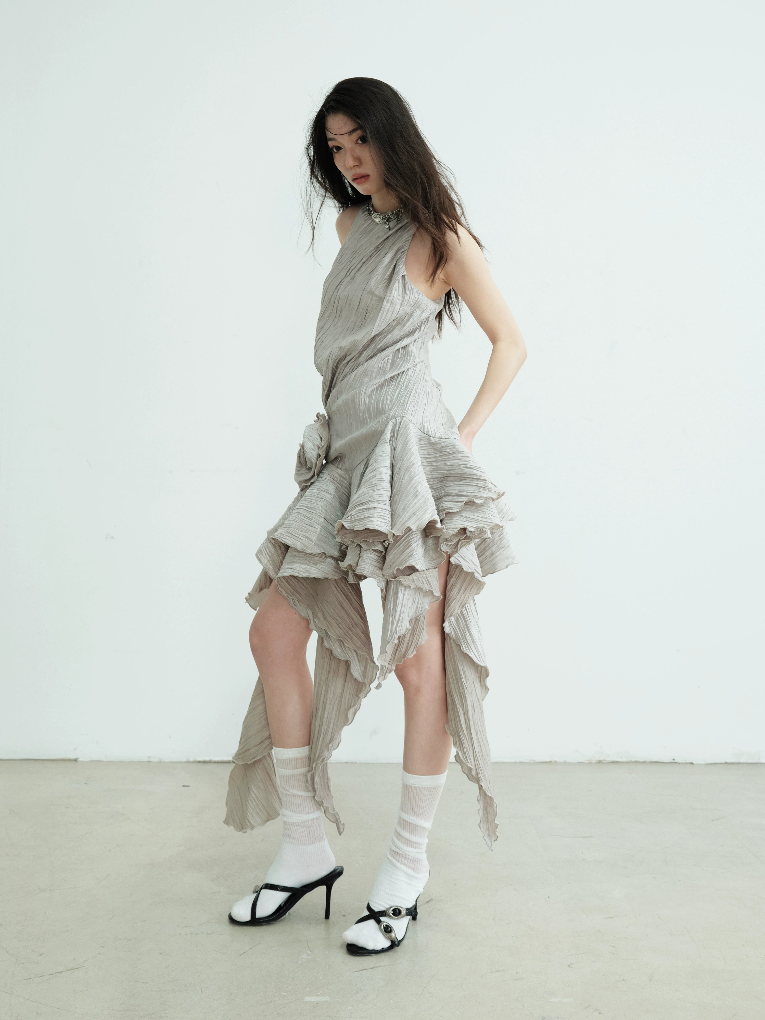 Asymmetric Ruffle Hem Metallic Party Dress