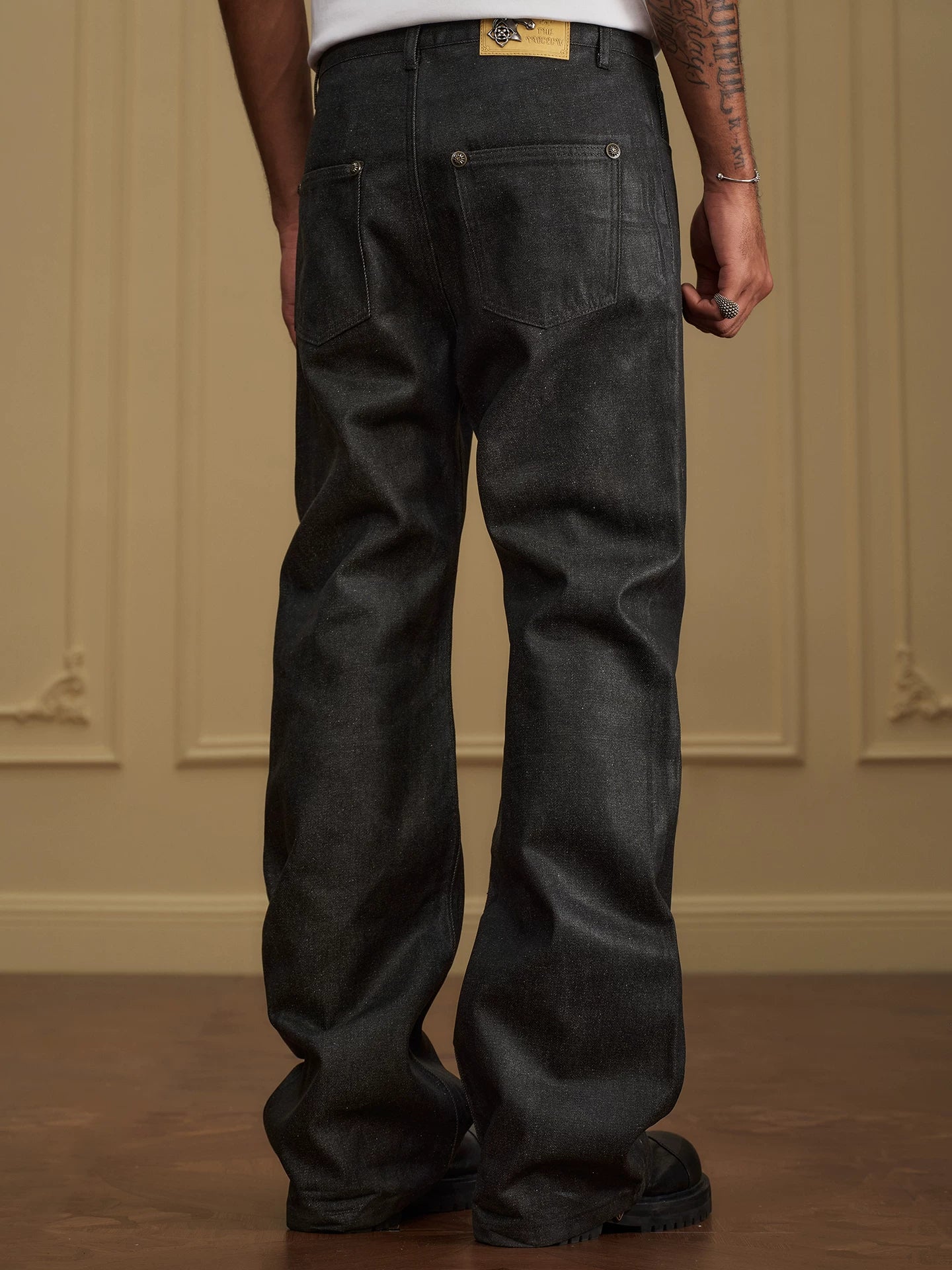 Button Fly Waxed Wide Leg Jeans