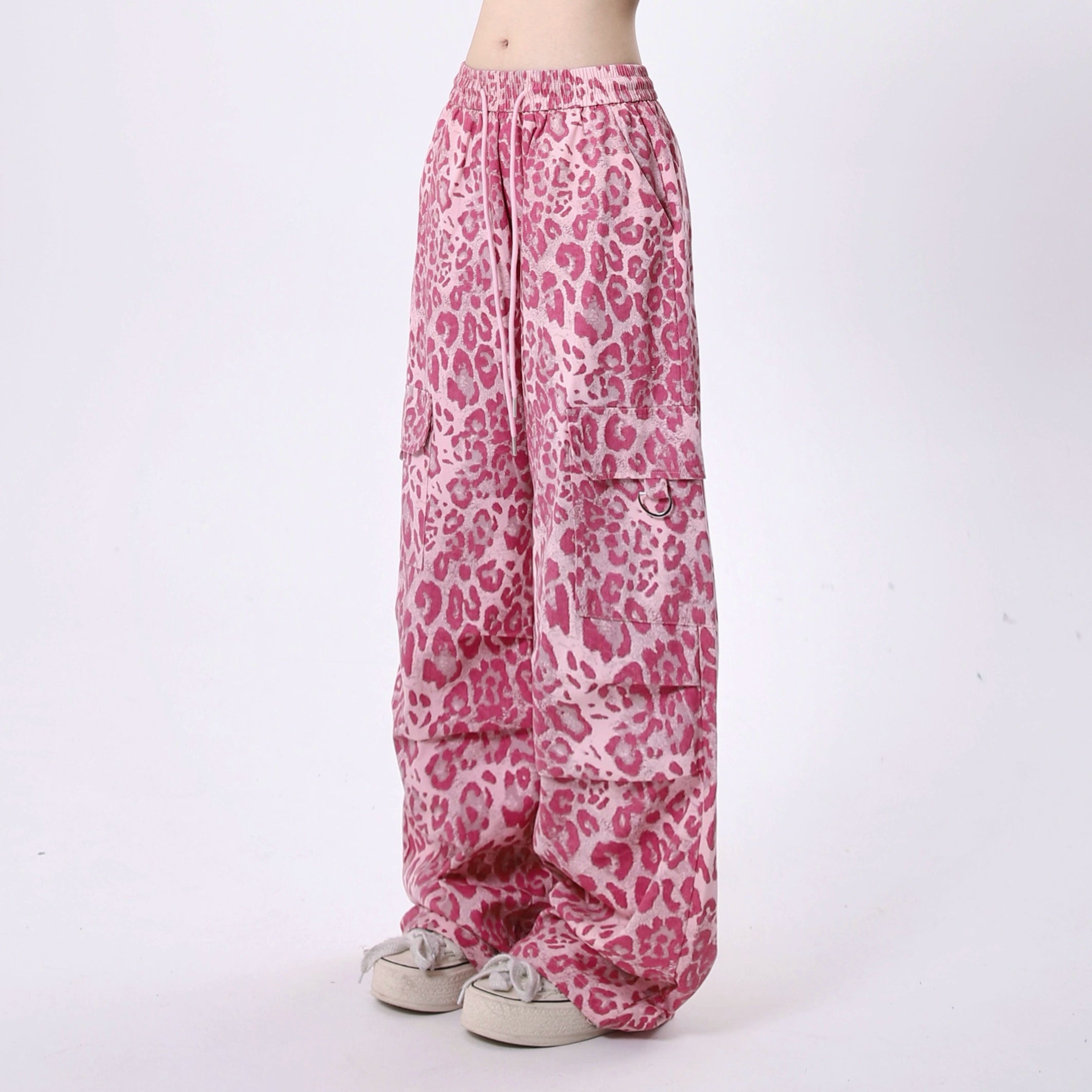Pink Leopard Print Wide Leg Cargo Pants