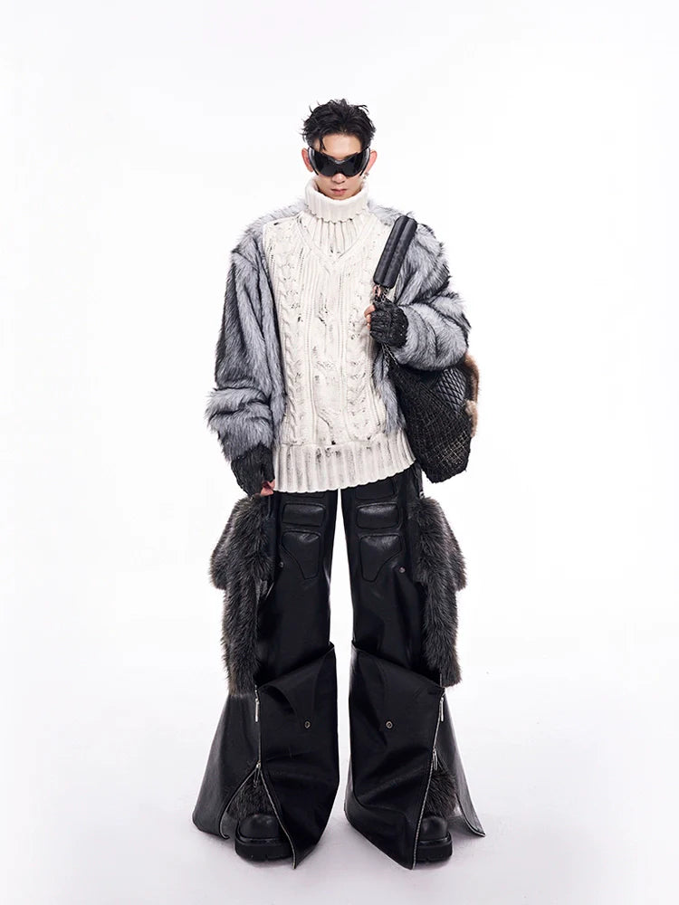 Cable Knit Fur-Sleeve Turtleneck Sweater