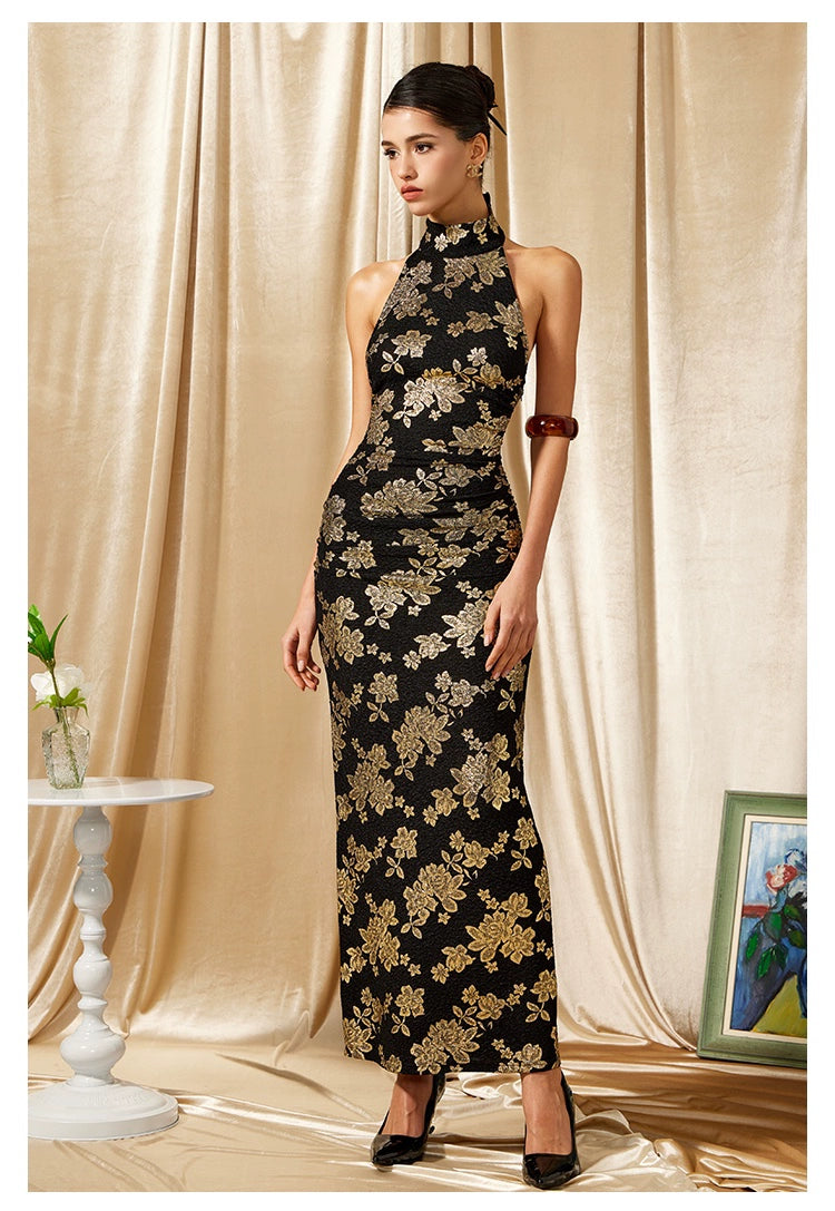 Modern Cheongsam With Gold Print Halter Evening Dress - chiclara