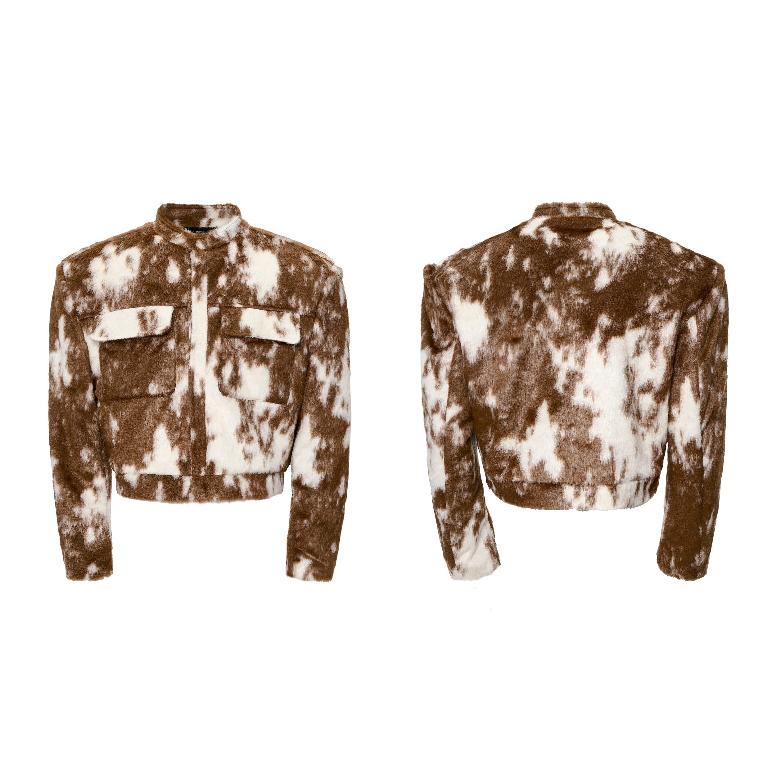 Brown and White Faux Fur Cropped Jacket