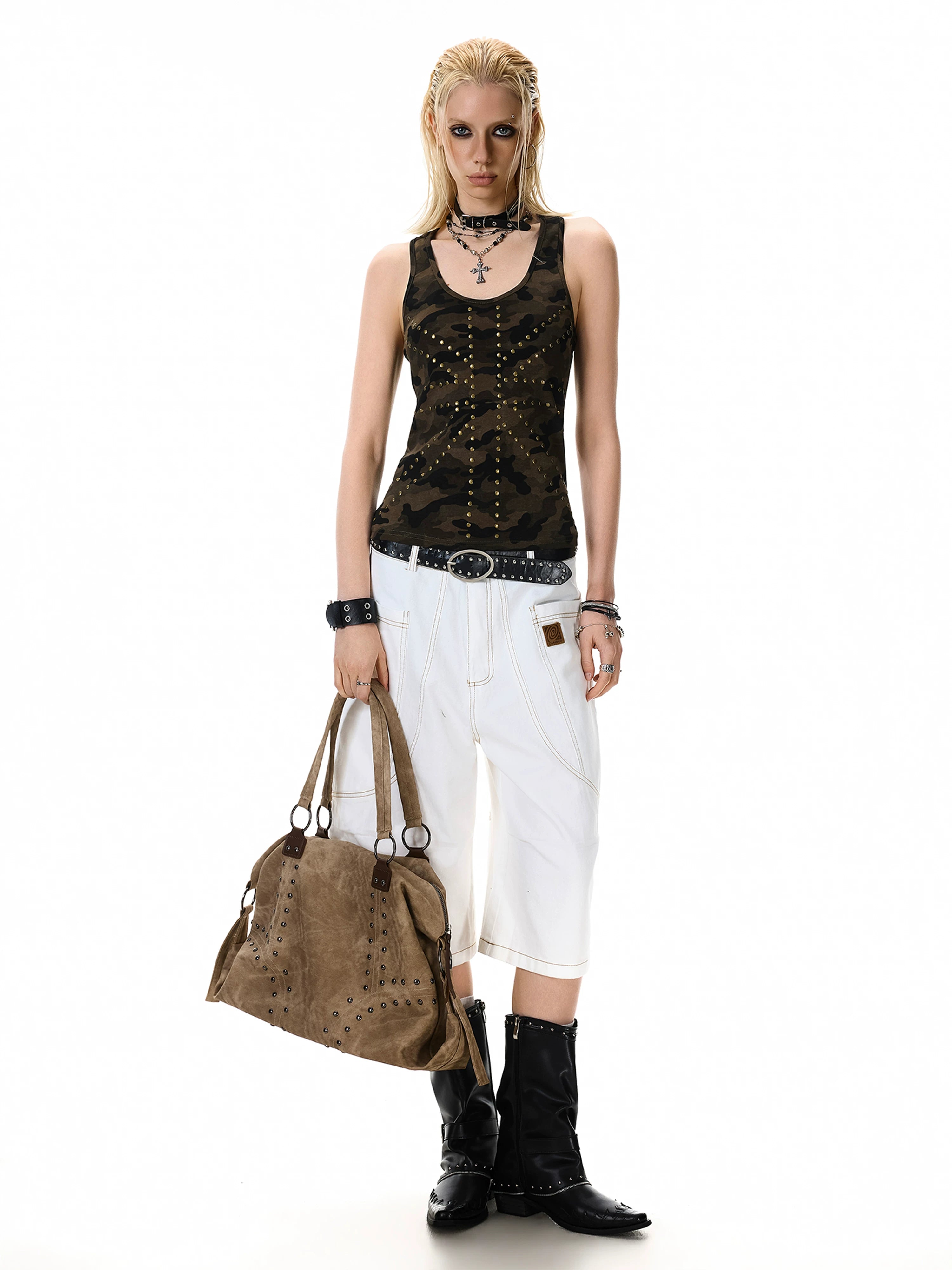 Studded camo tank top outfit view