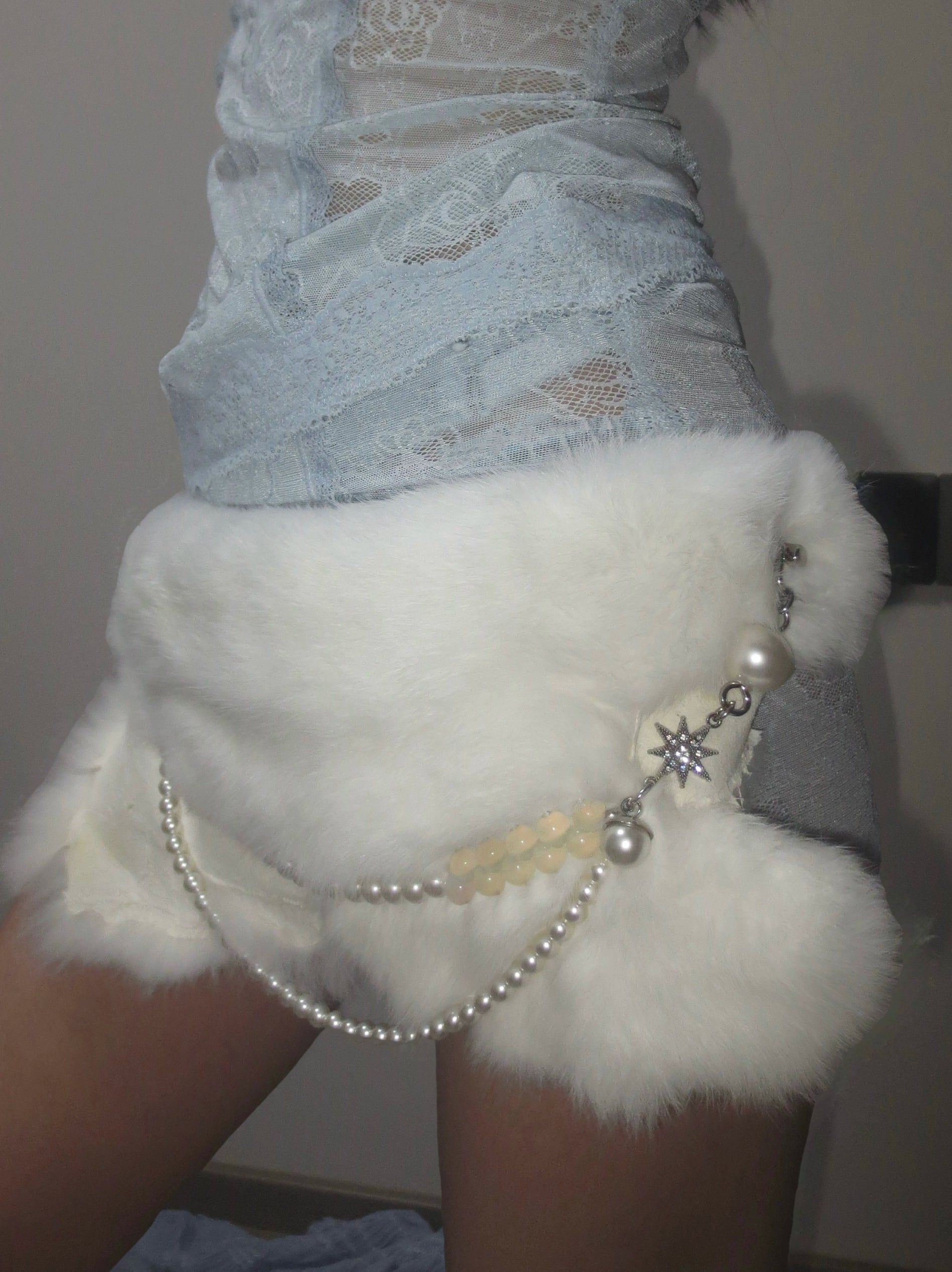 White Rabbit Fur Pearl Chain Belt