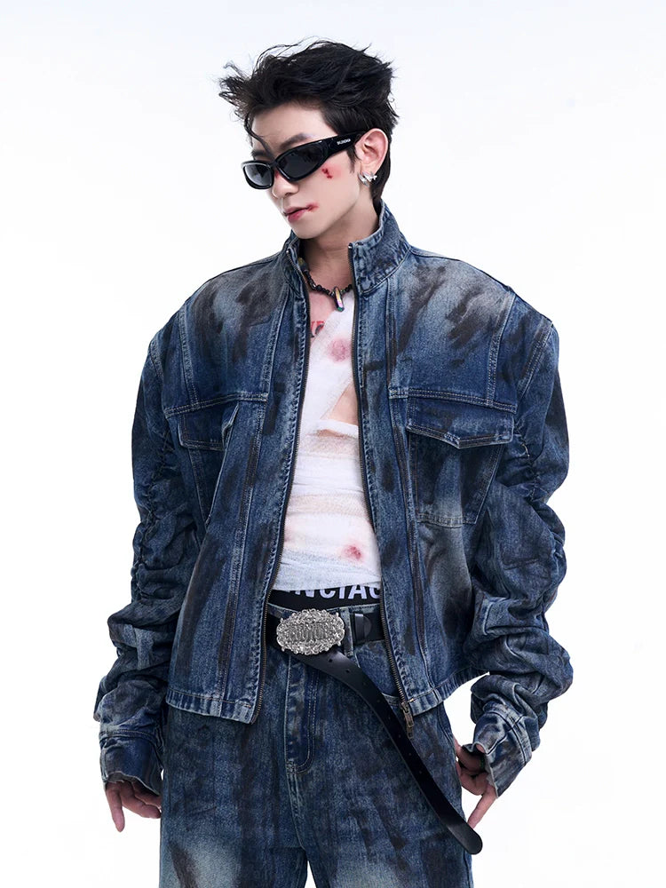 Washed Denim Stand Neck Jacket and Jeans Setup