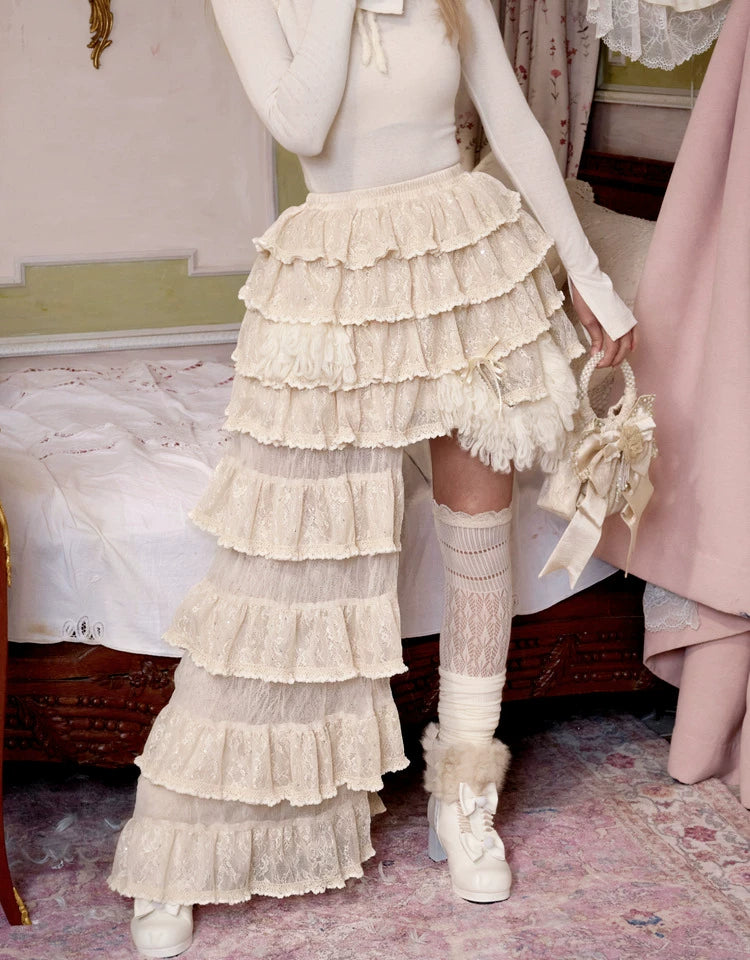 Ivory Lace Tiered Ruffle Skirt