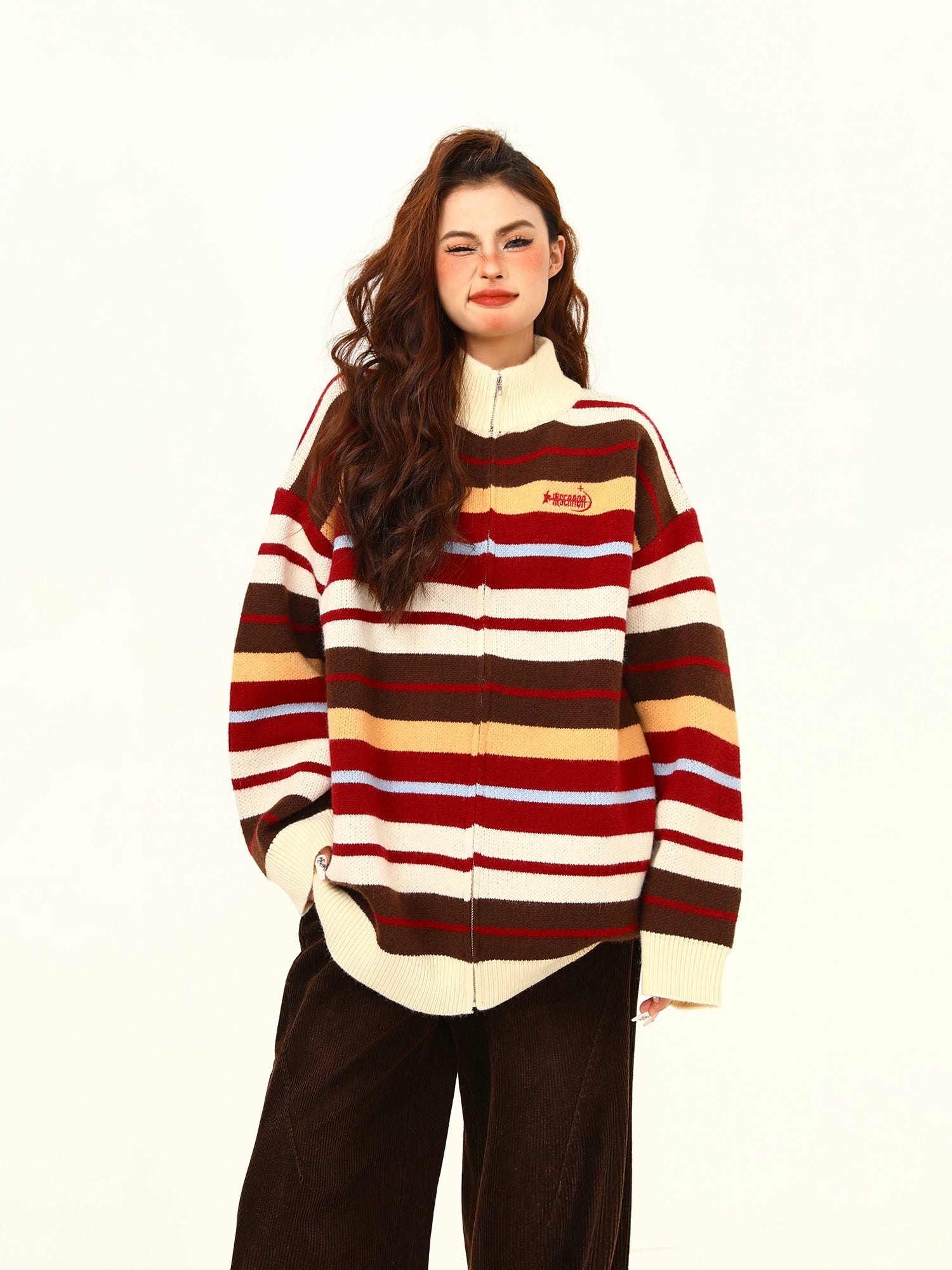 Striped Oversized Knit Zip-Up Sweater