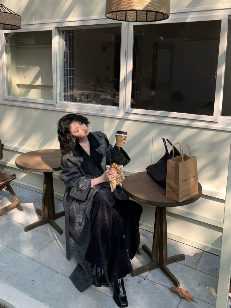 Oversized Double-Breasted Trench Coat with Black Lapels