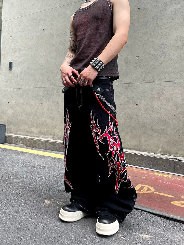 Red Flame Graffiti Wide-Leg Jeans