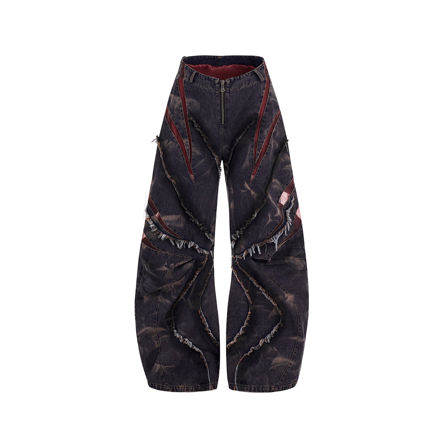 Distressed Wide-Leg Jeans with Leather Inlay Pattern