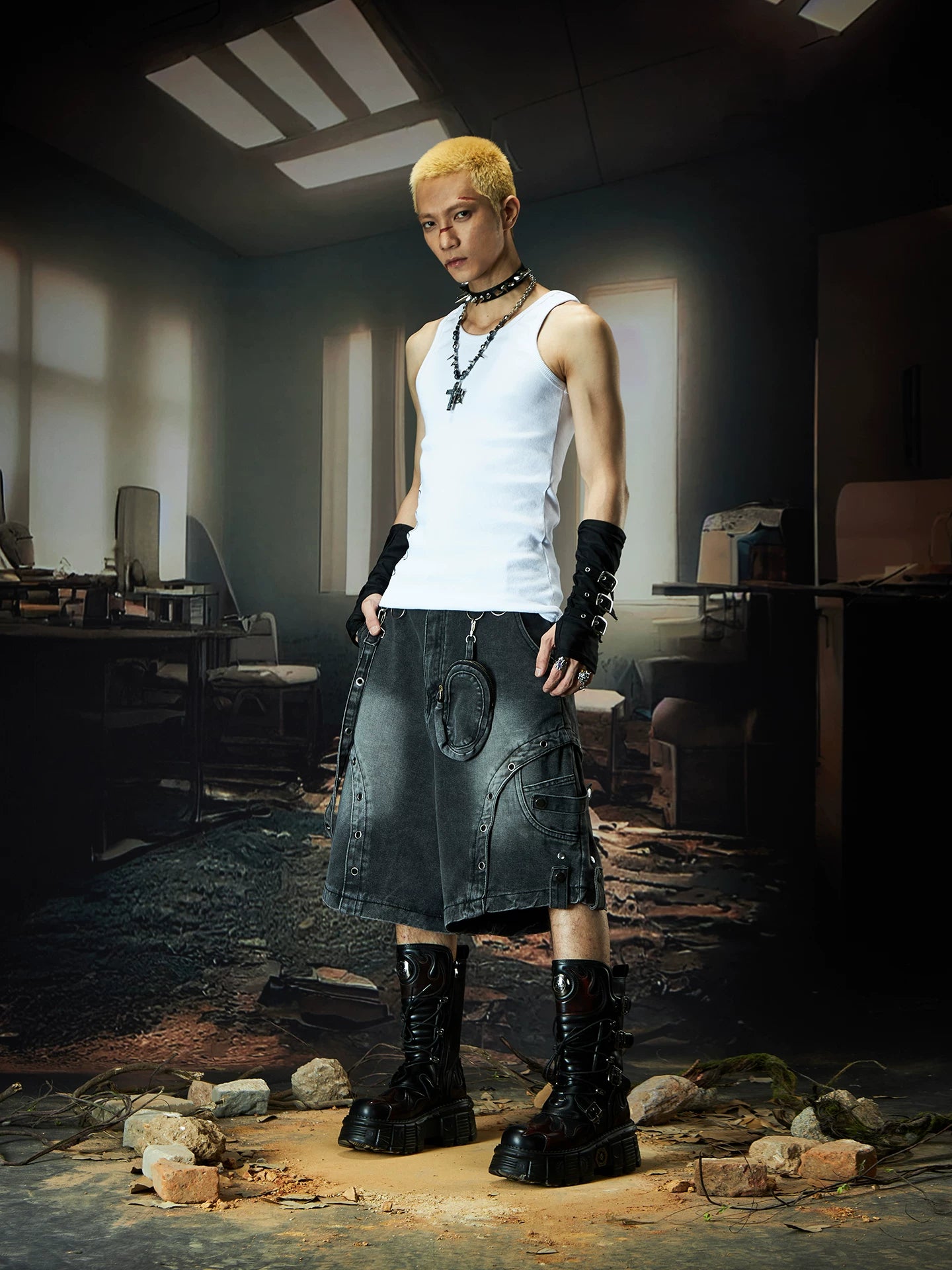 Wasteland Harness Cargo Denim Shorts