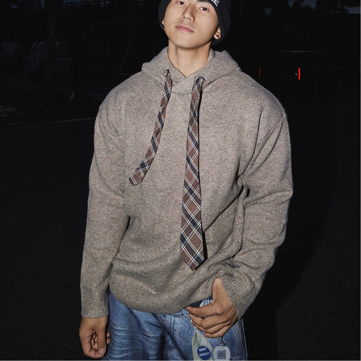 Plaid Necktie Drawstring Knit Hoodie