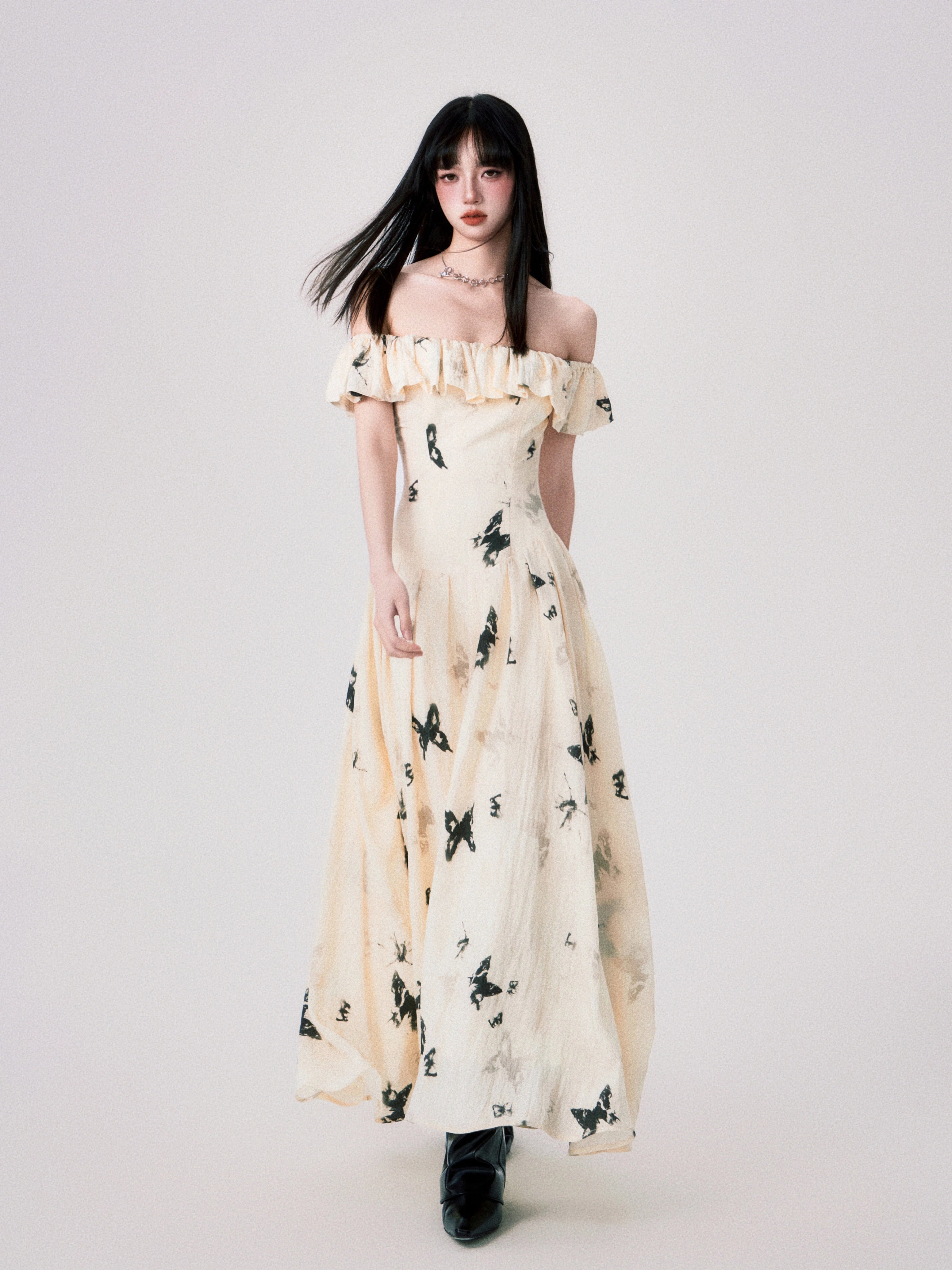 French Ink Butterfly Print Off-Shoulder Dress - chiclara