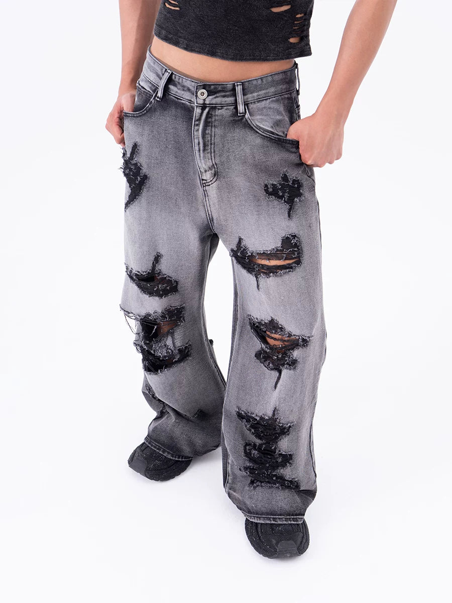 Ruin Fade Shredded Wide-Leg Jeans