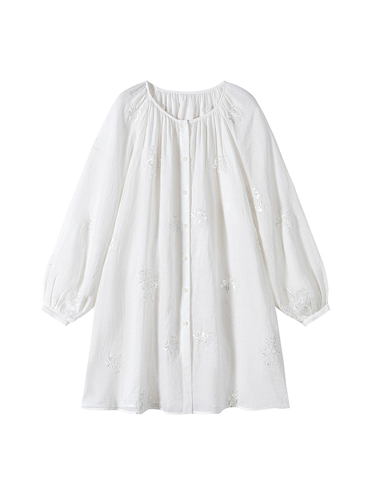 White Embroidered Button-Front Peasant Blouse