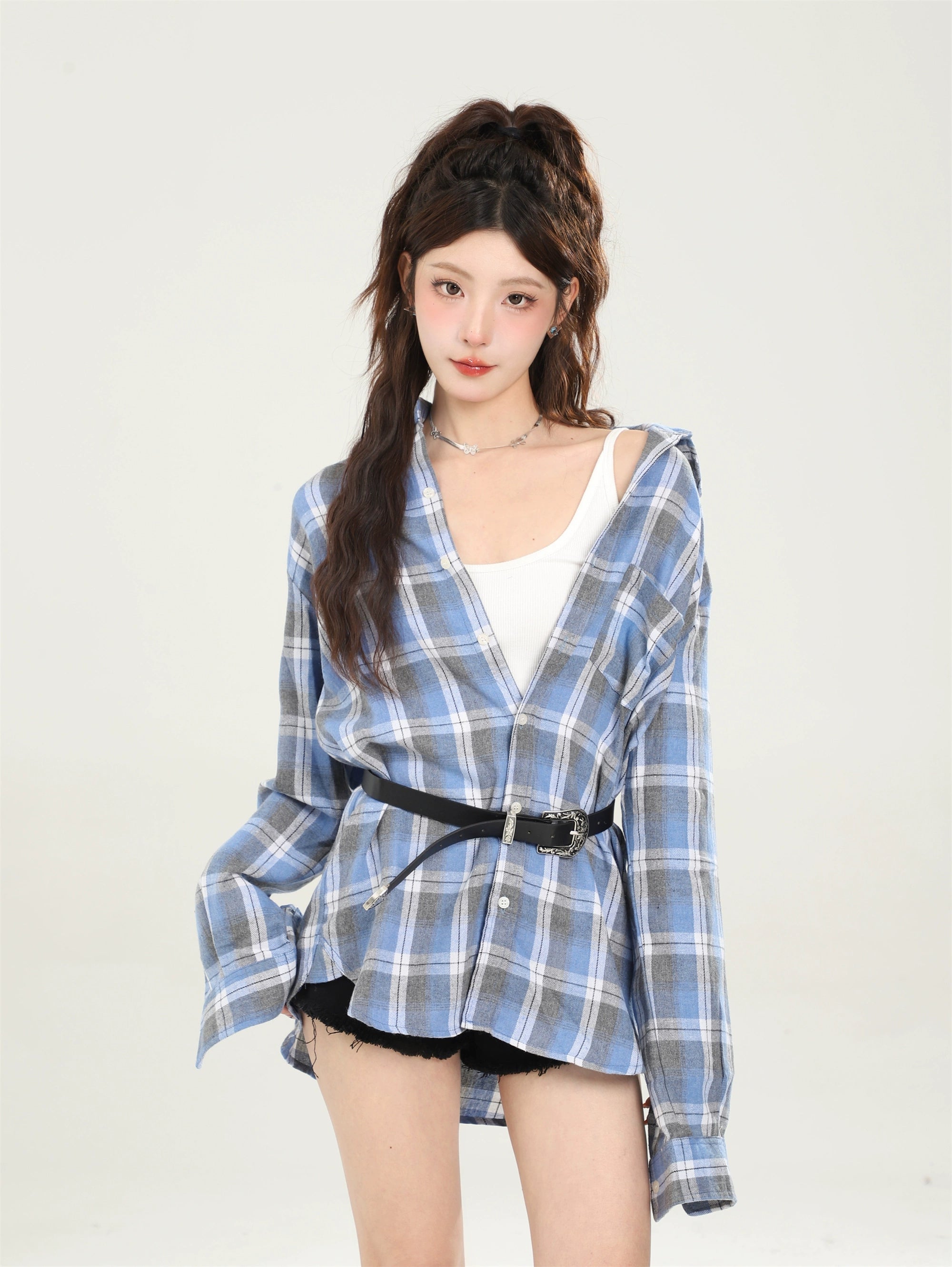 Camisa a cuadros azul suelto vintage