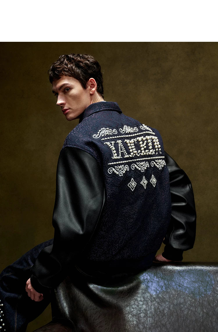 Pearl Embellished Contrast Sleeve Varsity Jacket