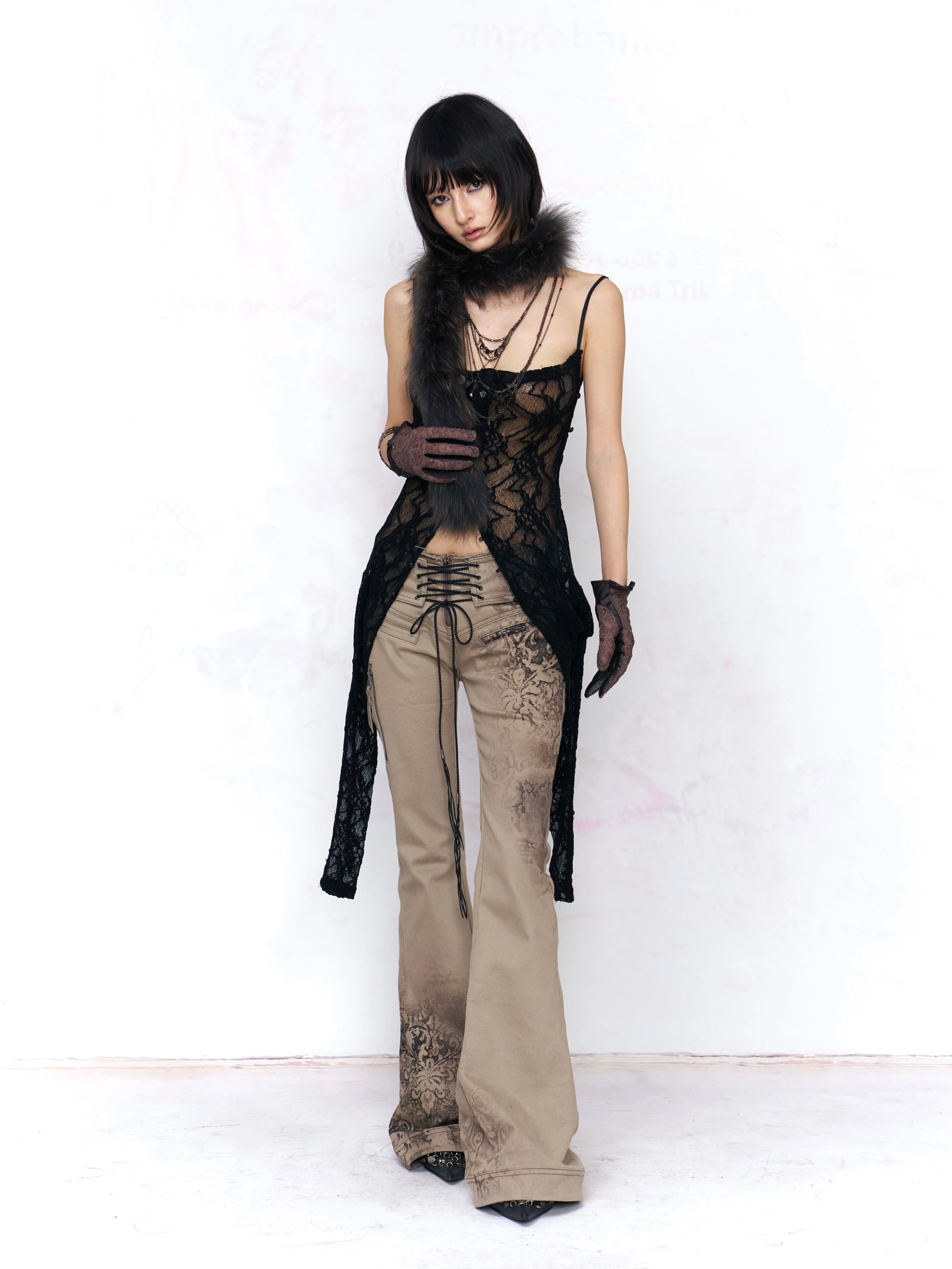 Desert Baroque Lace‑Up Flare Pants