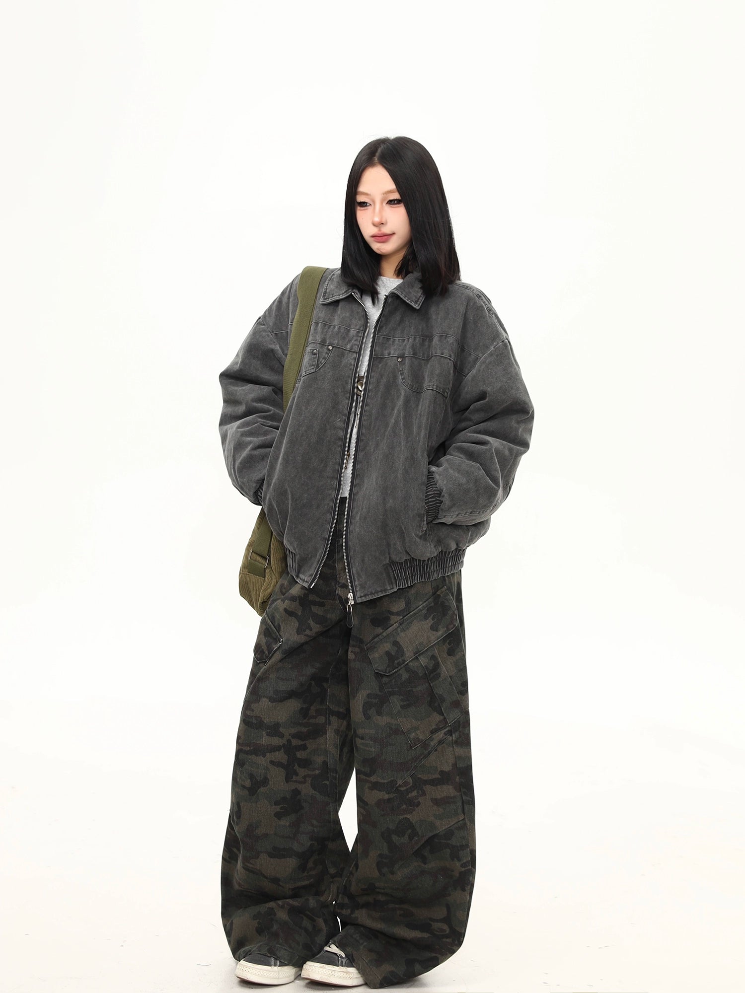 Charcoal Fade Utility Denim Bomber Jacket