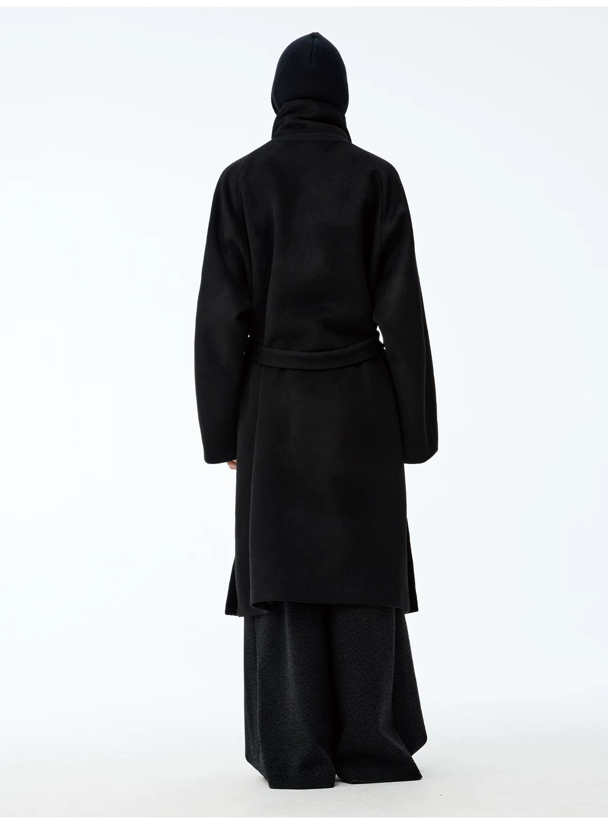 Black Funnel-Neck Belted Wool Coat