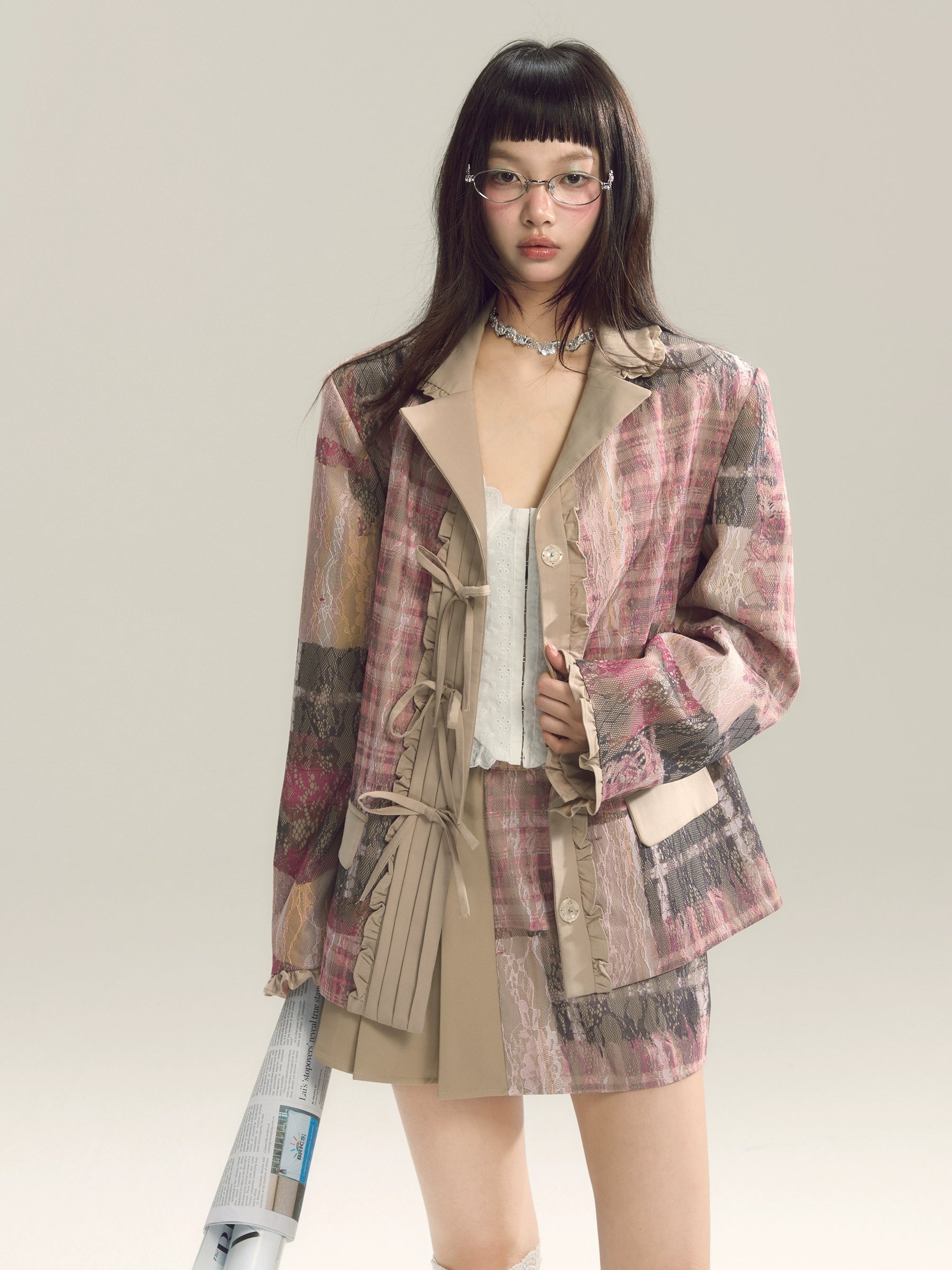 Pink Plaid Textured Blazer with Pleated Details and Beige Accents