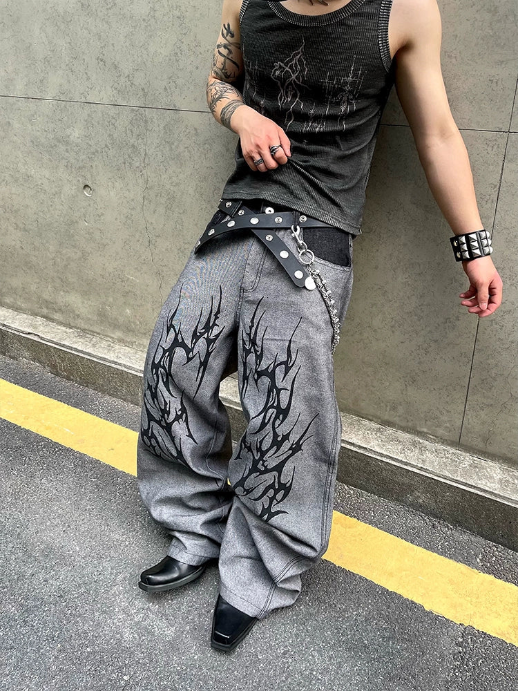 Washed Graffiti Flame Wide-Leg Jeans