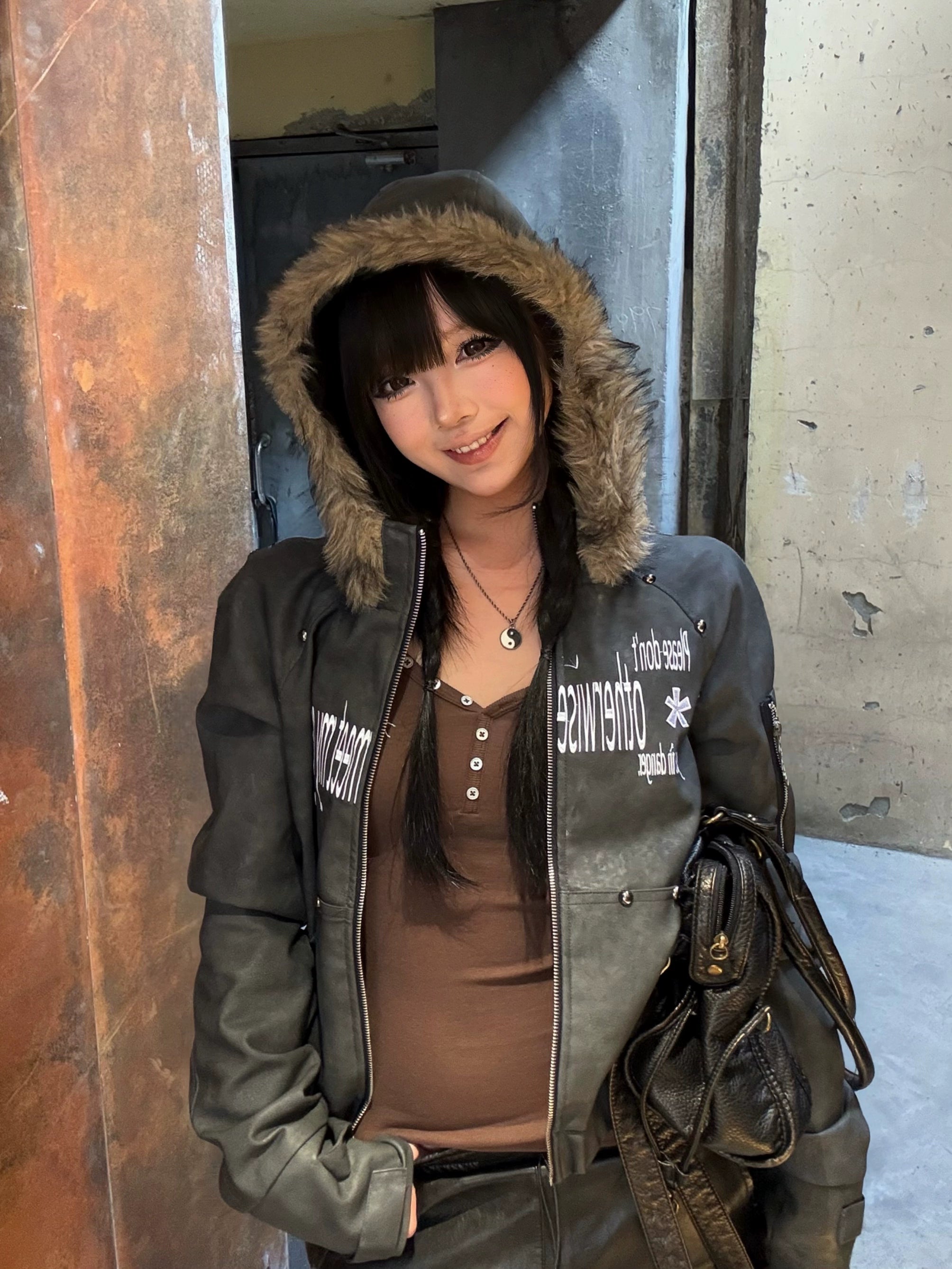 Faux Fur Hood Cropped PU Jacket