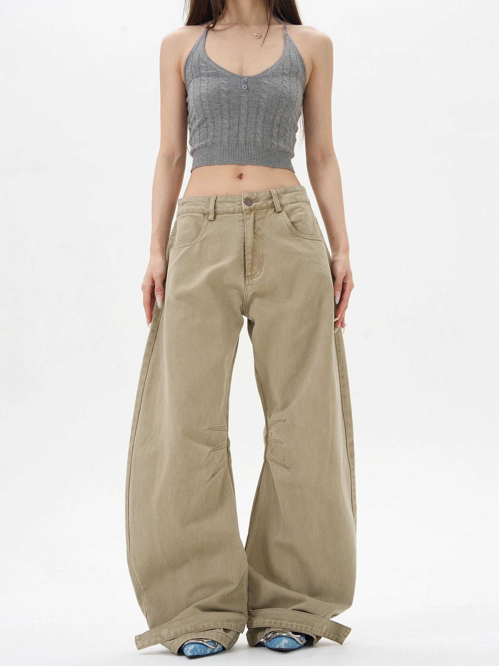 Khaki High-Waist Wide-Leg Canvas Pants