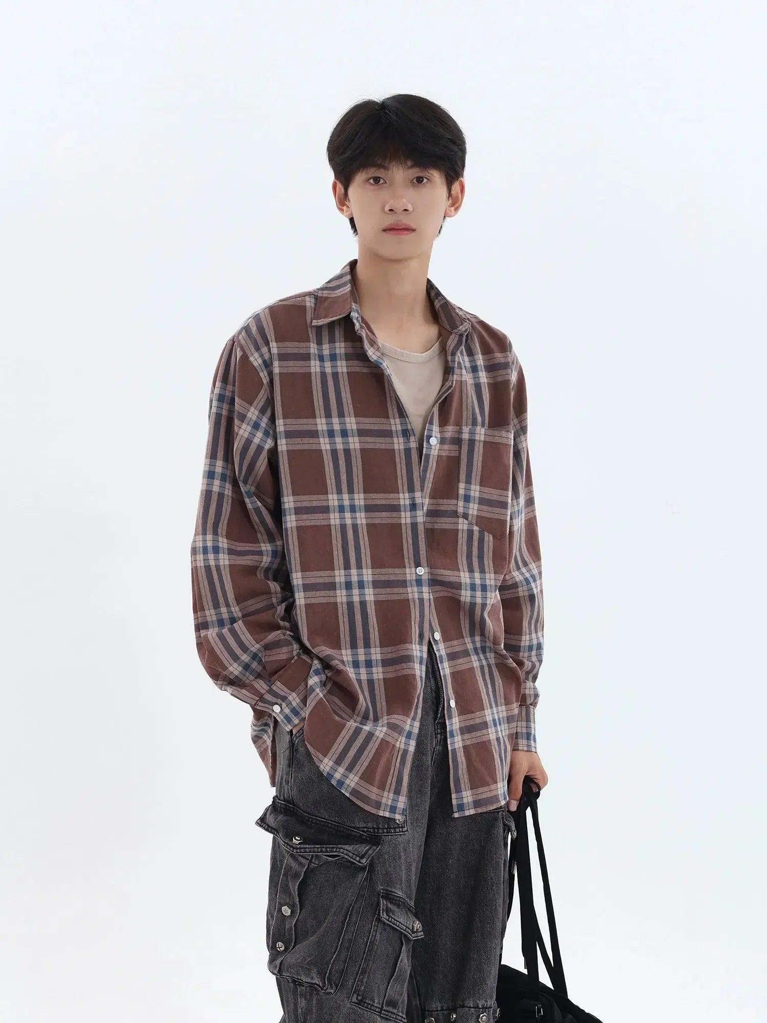 Casual Shirt with Retro Plaid Print - chiclara