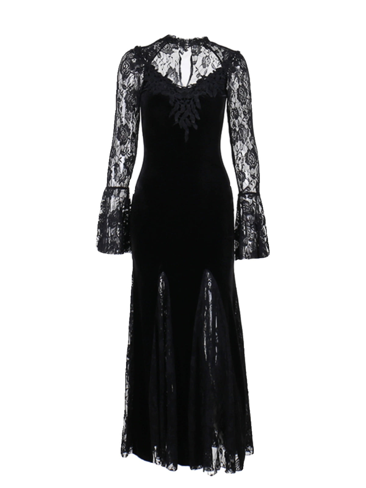 Robe sirène en velours gothique wannathis - robe de plancher en dentelle à manches longues avec collier élevé