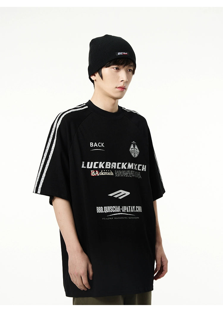 Oversized Graphic T-Shirt with White Stripe Sleeves