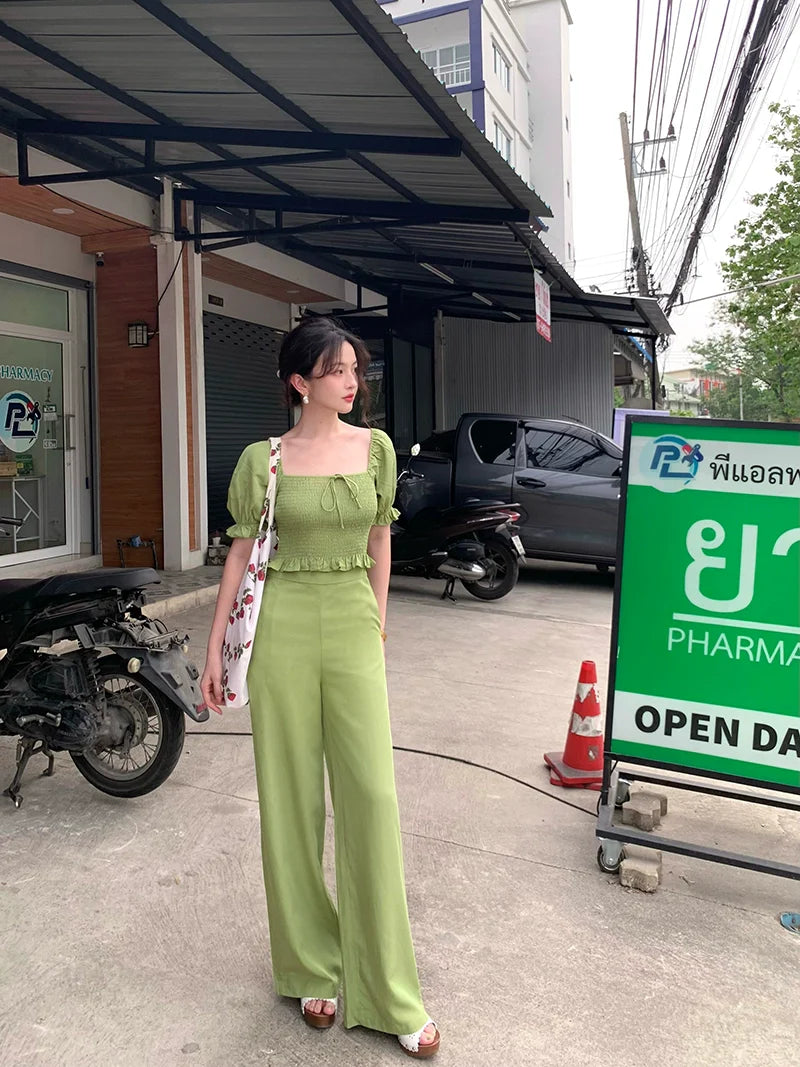 Green Smocked Crop Top and Pants Setup