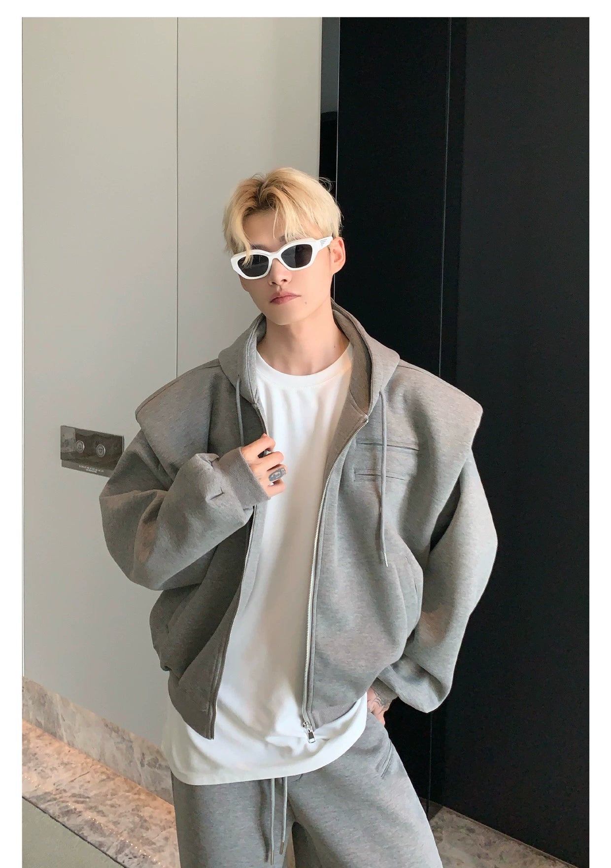 Shoulder-Padded Hoodie Jacket with Straight-Leg Pants Two-Piece Set