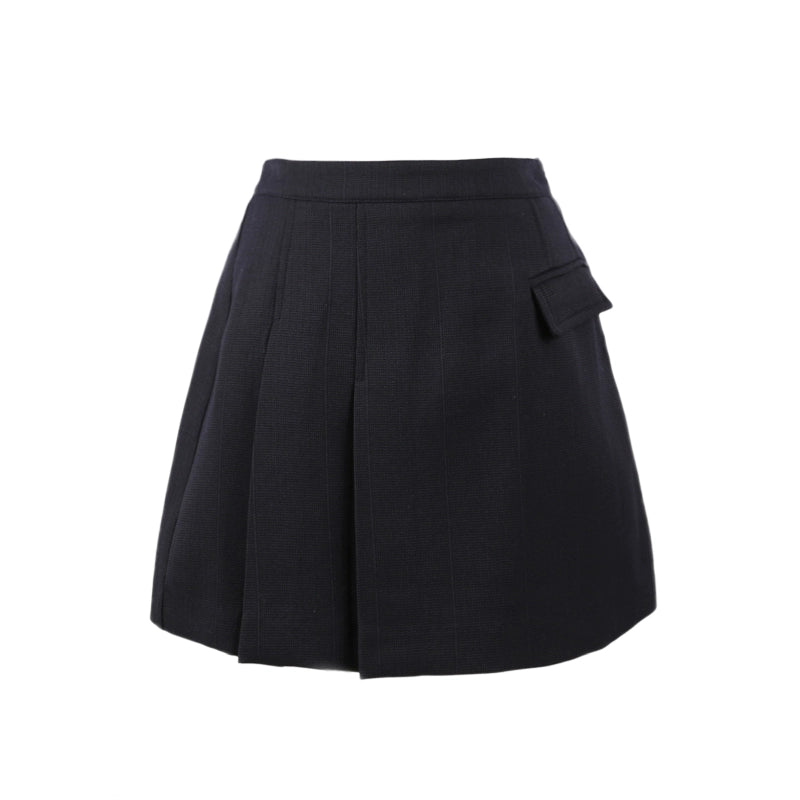 Navy Pleated Mini Skirt with Tab Detail