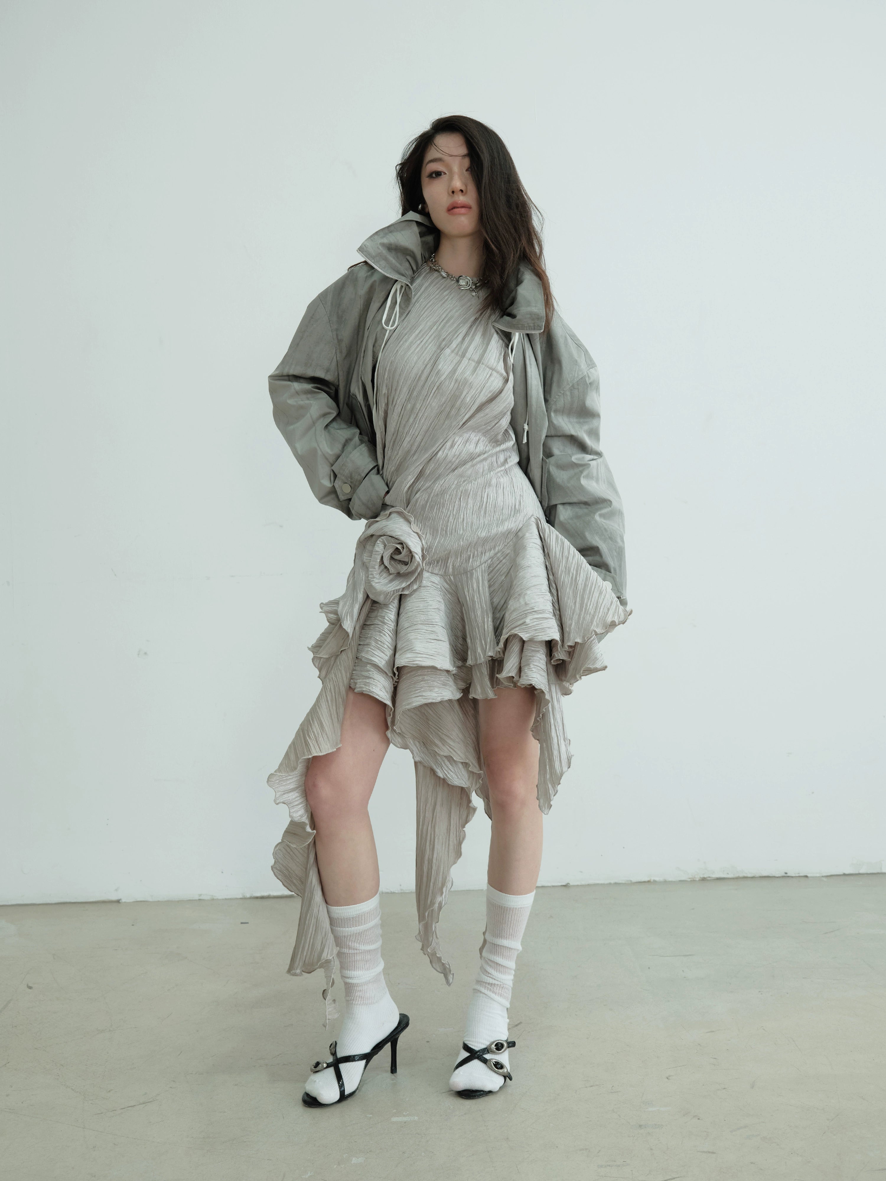 Asymmetric Ruffle Hem Metallic Party Dress