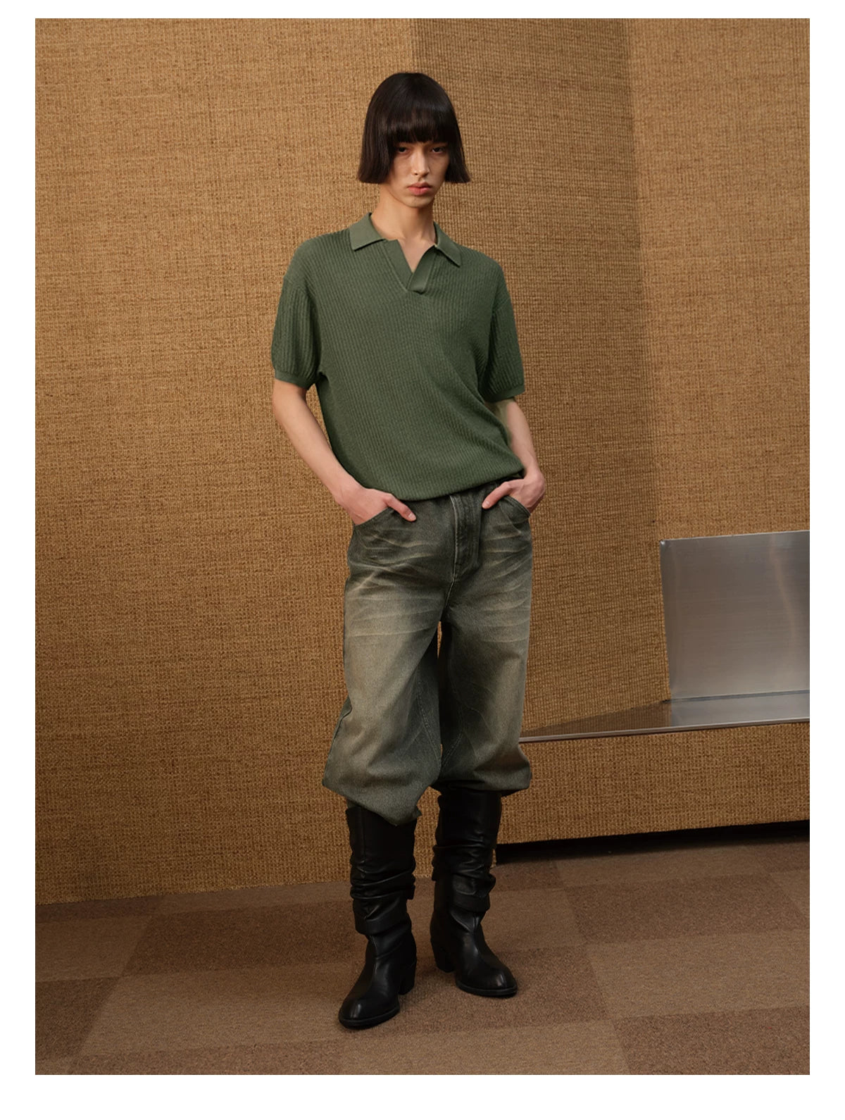 Textured Knit Open-Collar Polo Shirt