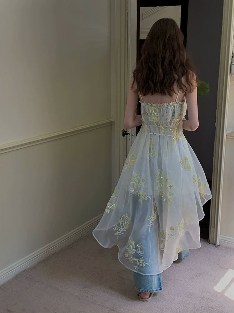 Floral Embroidered Tulle Midi Dress