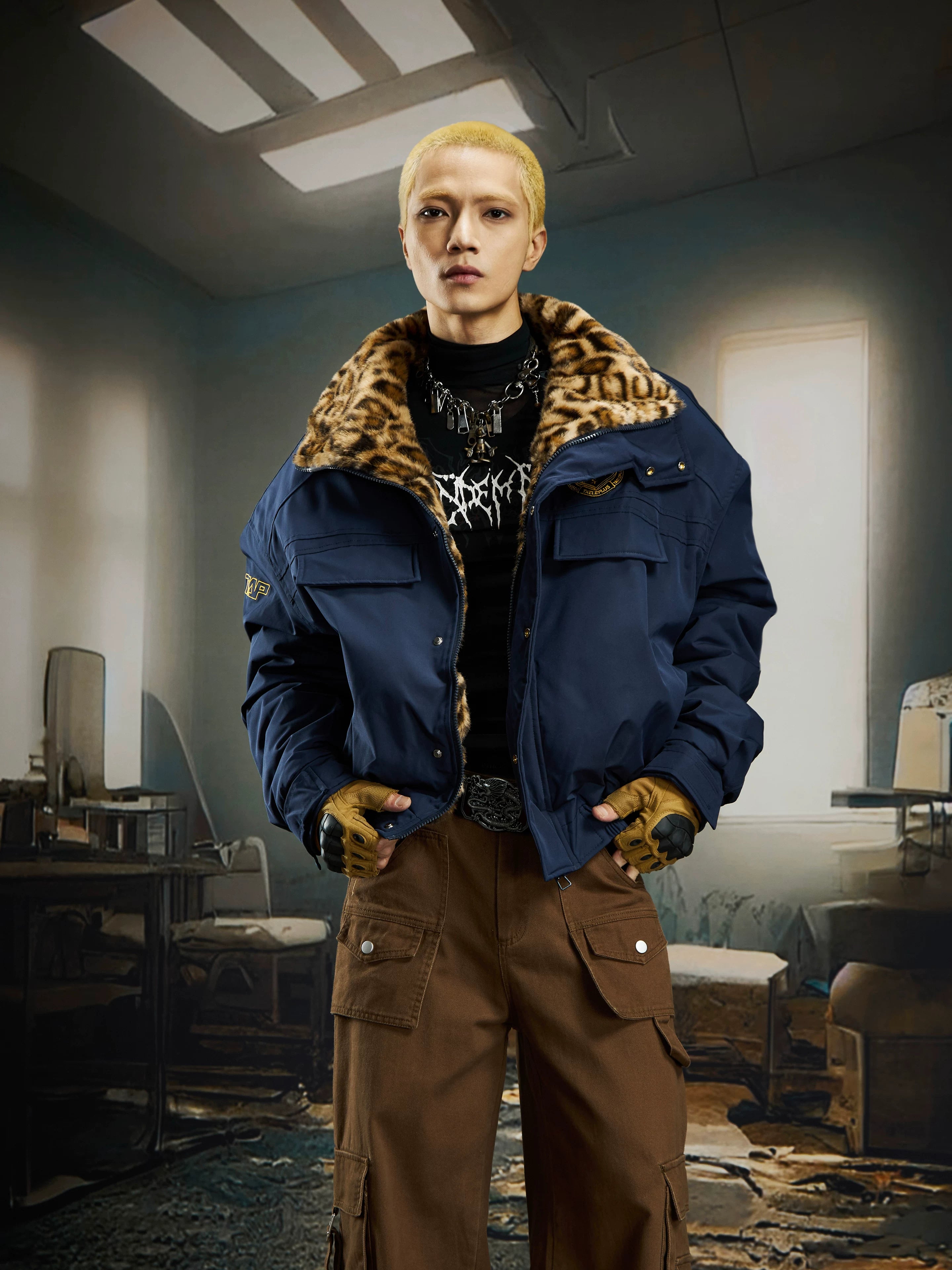 Ember Prowl Leopard‑Collar Bomber Jacket