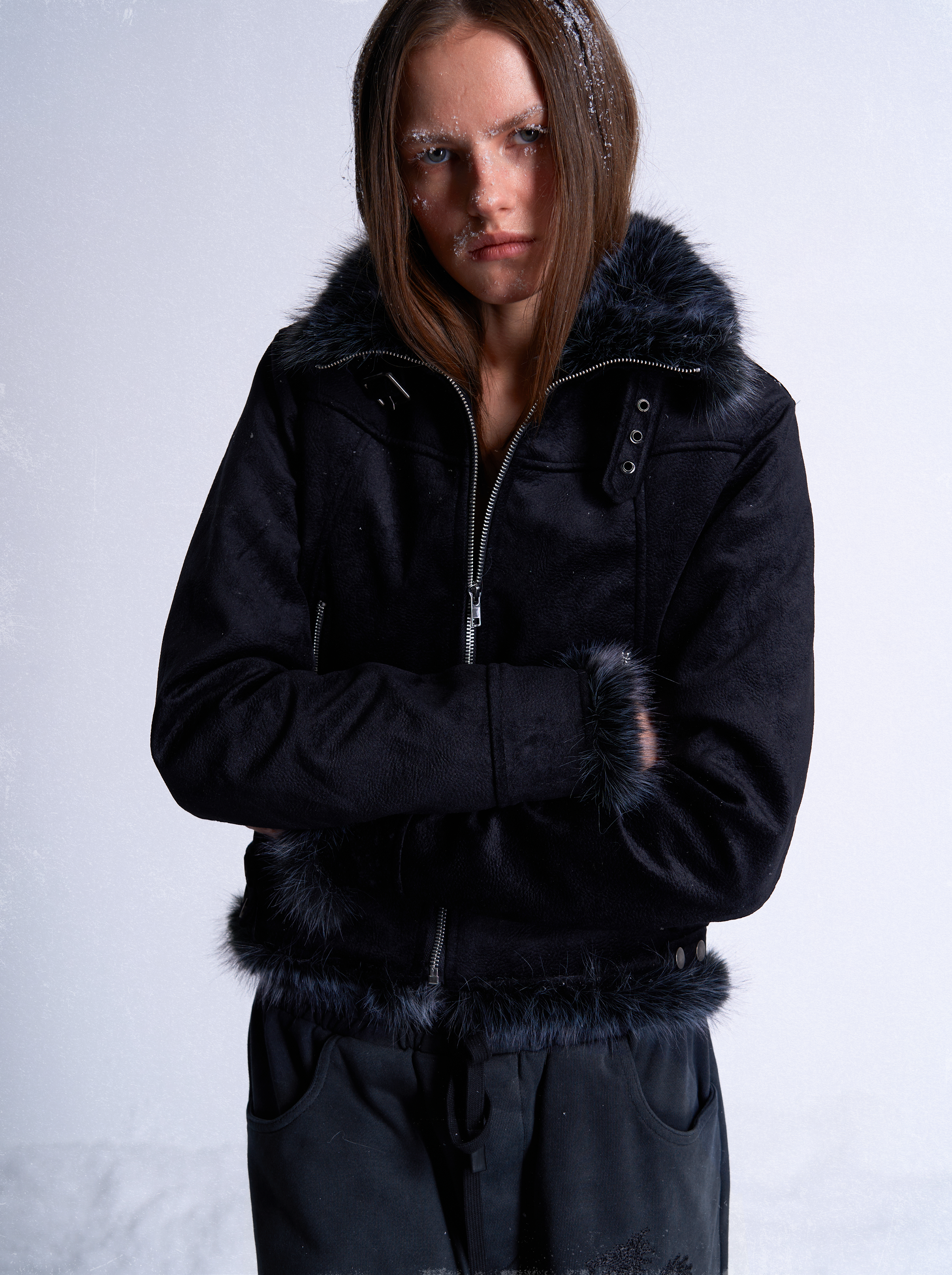 Short Fox Fur Collar Winter Moto Jacket