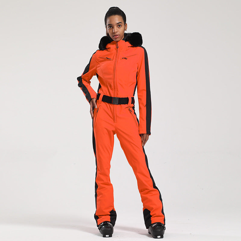 Belted One-Piece Ski Suits with Fur Hoods