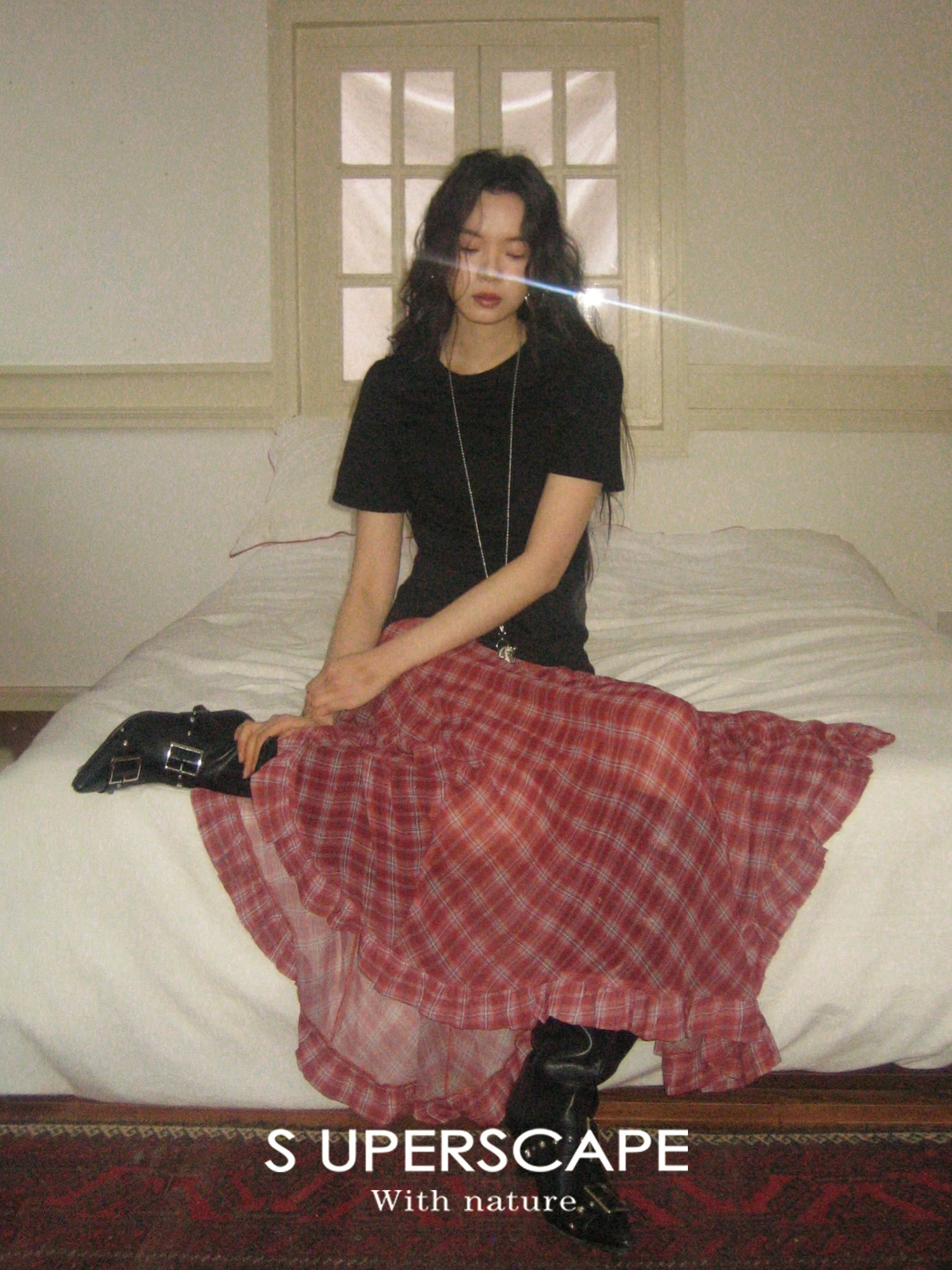 Plaid Chiffon Asymmetric Hem Skirt - red plaid seated view