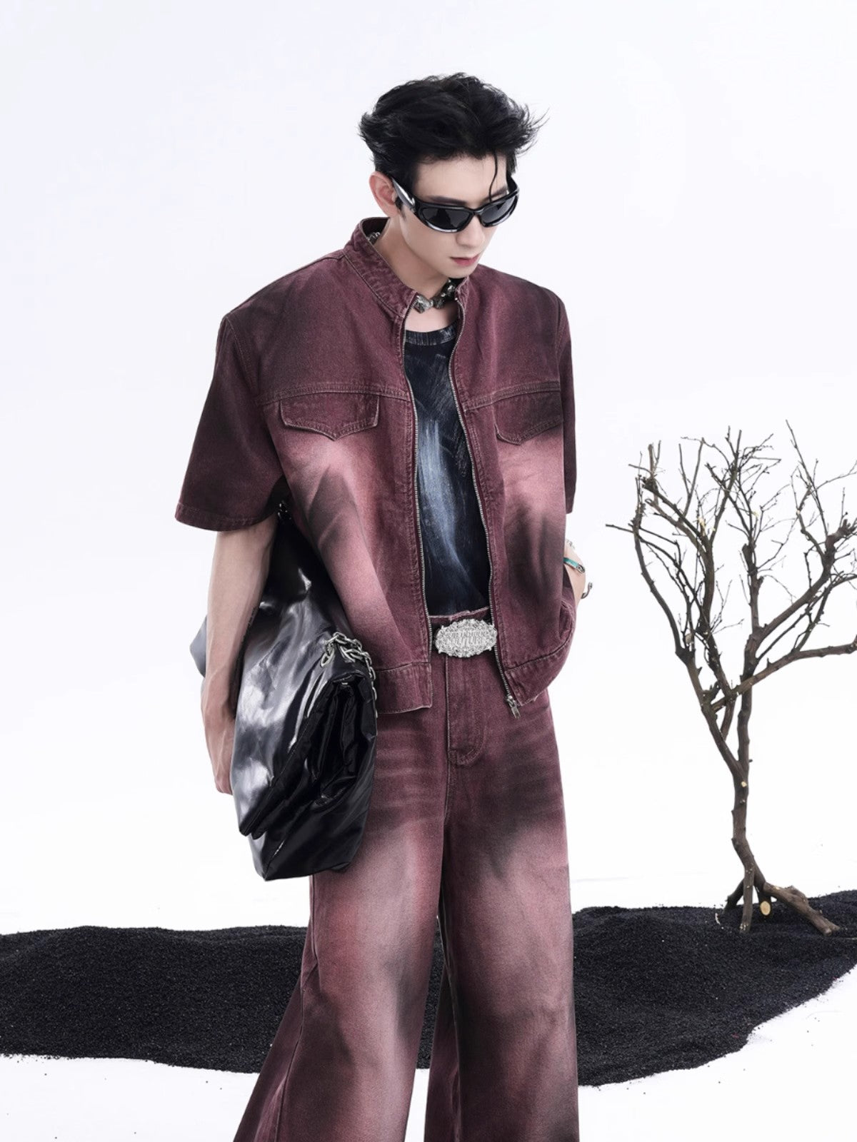 Burgundy Denim Matching Set with Short Sleeve Jacket